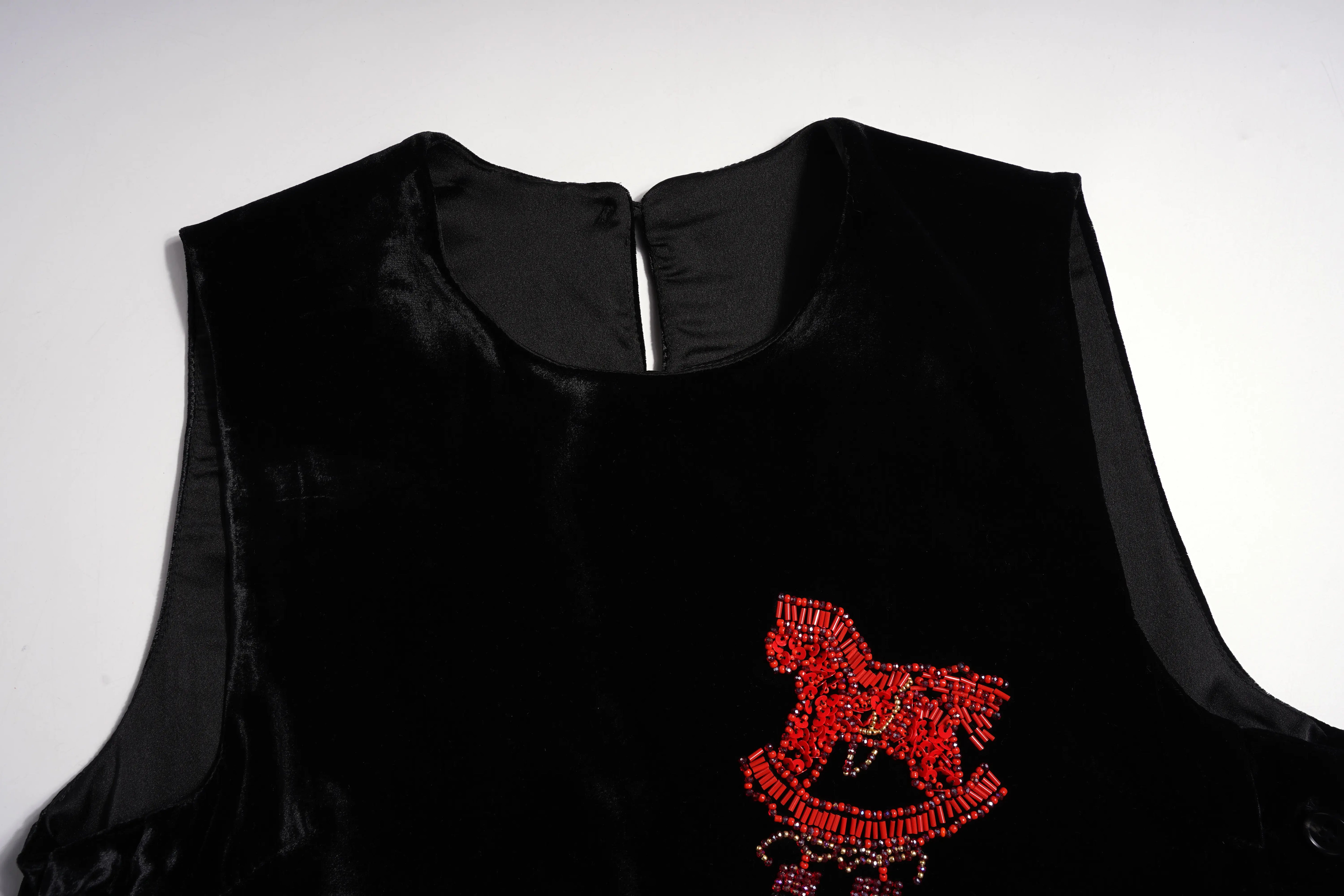 Black sleeveless top with red graphic design on a white background, TCH Black Vest Rhinestone Lucky Horse & Red Stitch Wooden Horse Design