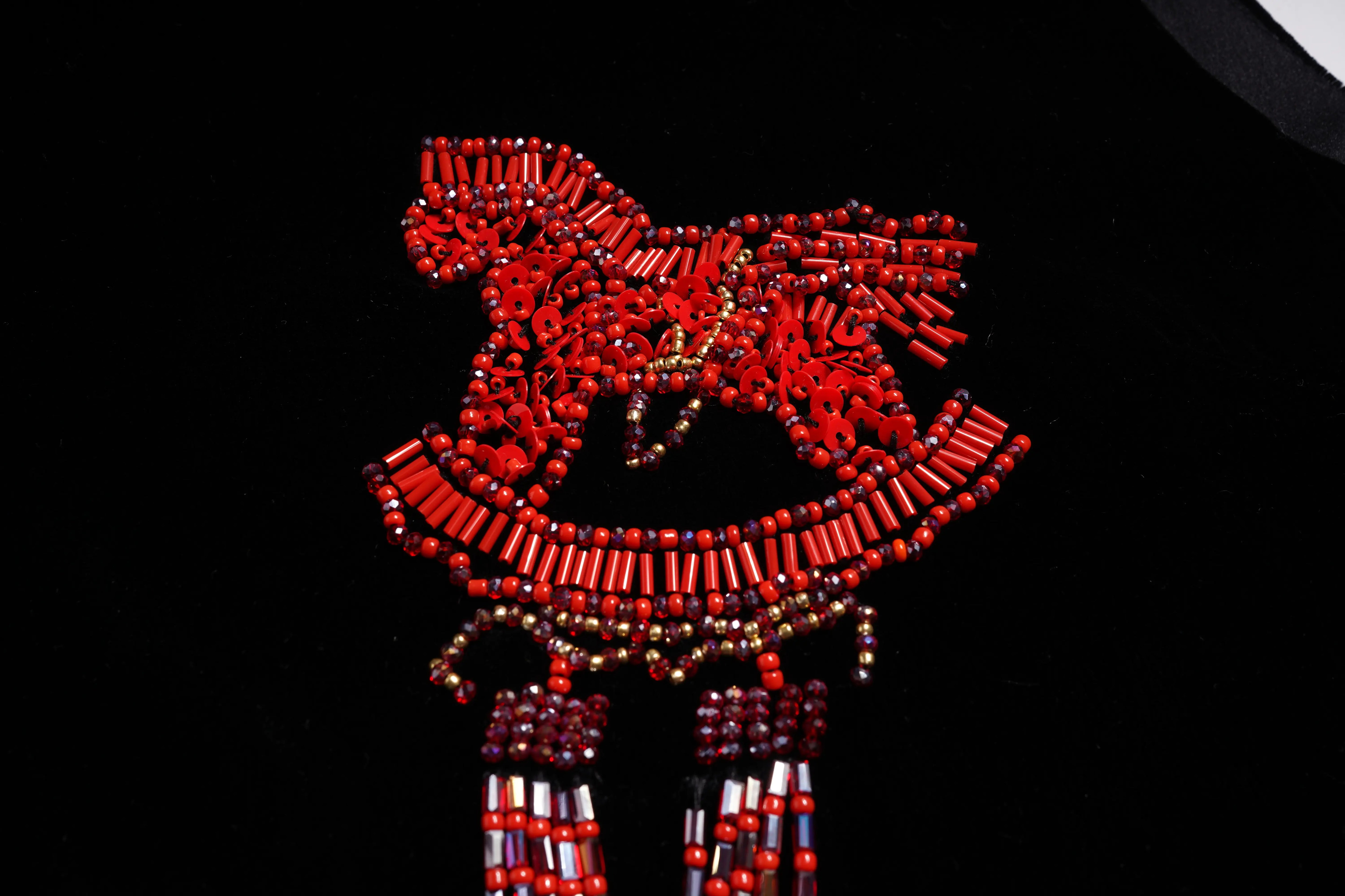 Red beaded design on a black background, TCH Black Vest Rhinestone Lucky Horse & Red Stitch Wooden Horse Design