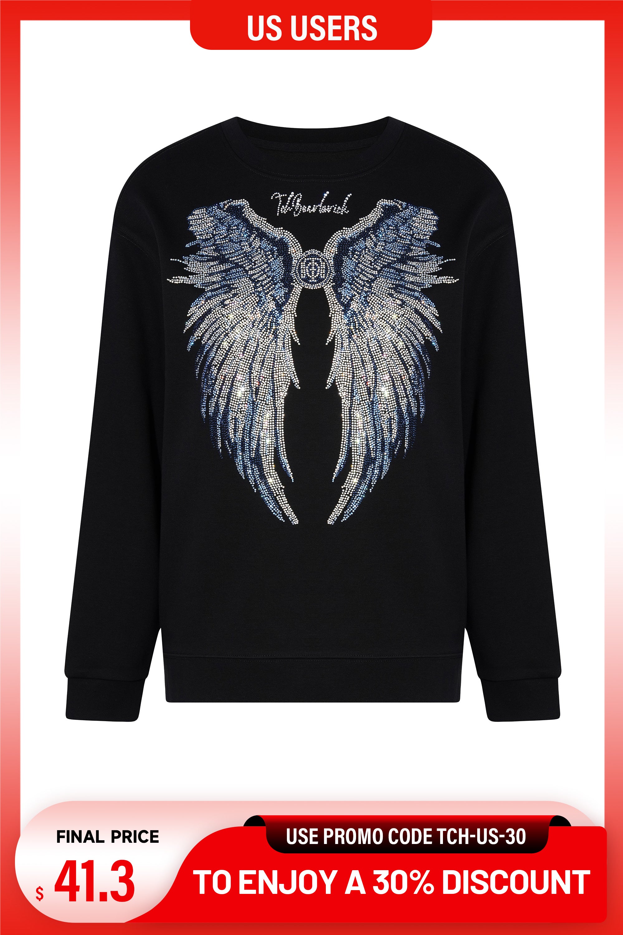 Black tracksuit with white accents on a white background, featuring a promotional banner at the bottom. TCH Blue Angel Wings Rhinestone Sweatshirt 