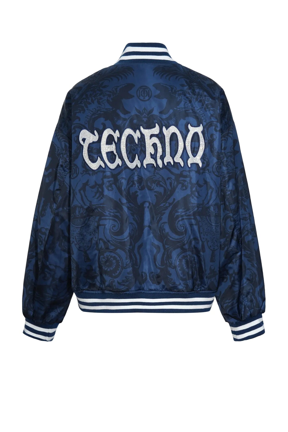 TCH Blue Baroque Pattern Embroidered Varsity Jacket TCH blue varsity jacket Blue baroque pattern jacket Gothic graphic varsity jacket Navy blue streetwear jacket Baroque print bomber jacket Embroidered varsity jacket Gothic lettering jacket Blue snap-button jacket Ornamental print streetwear jacket TCH graphic bomber jacket