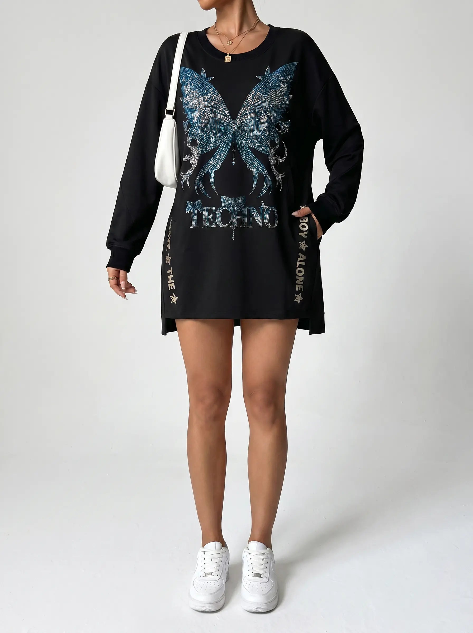 TCH Blue Butterfly Rhinestone Oversized T-Shirt Dress Luxury Streetwear Brand Official Showcase