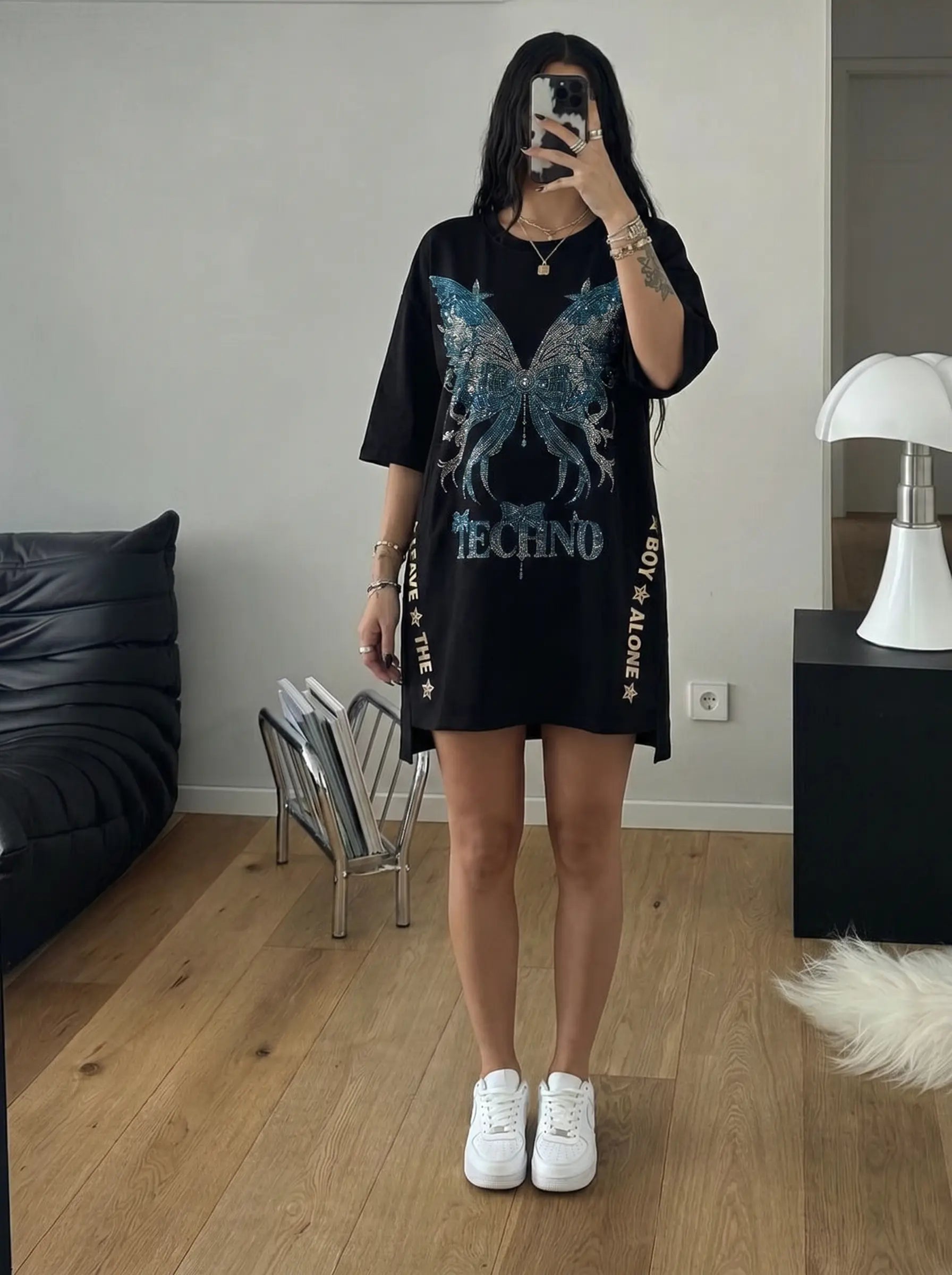 TCH Blue Butterfly Rhinestone Oversized T-Shirt Dress Luxury Streetwear Brand Official Showcase