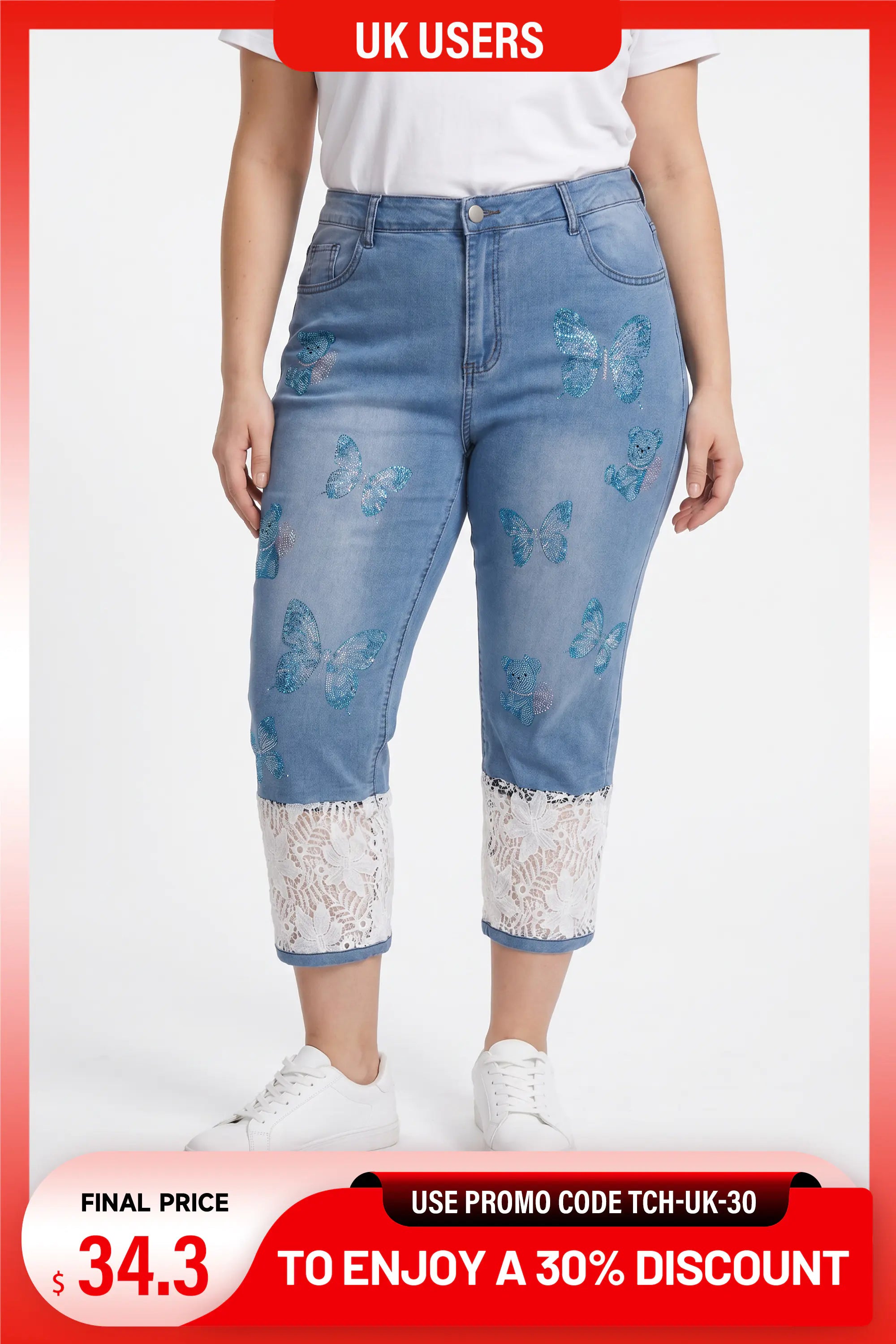 A lightweight scarf with a rust orange and cream abstract pattern, presented on a white background with promotional text banners at the top and bottom. TCH Blue Butterfly & Teddy Bear Lace Hem Denim Jeans
