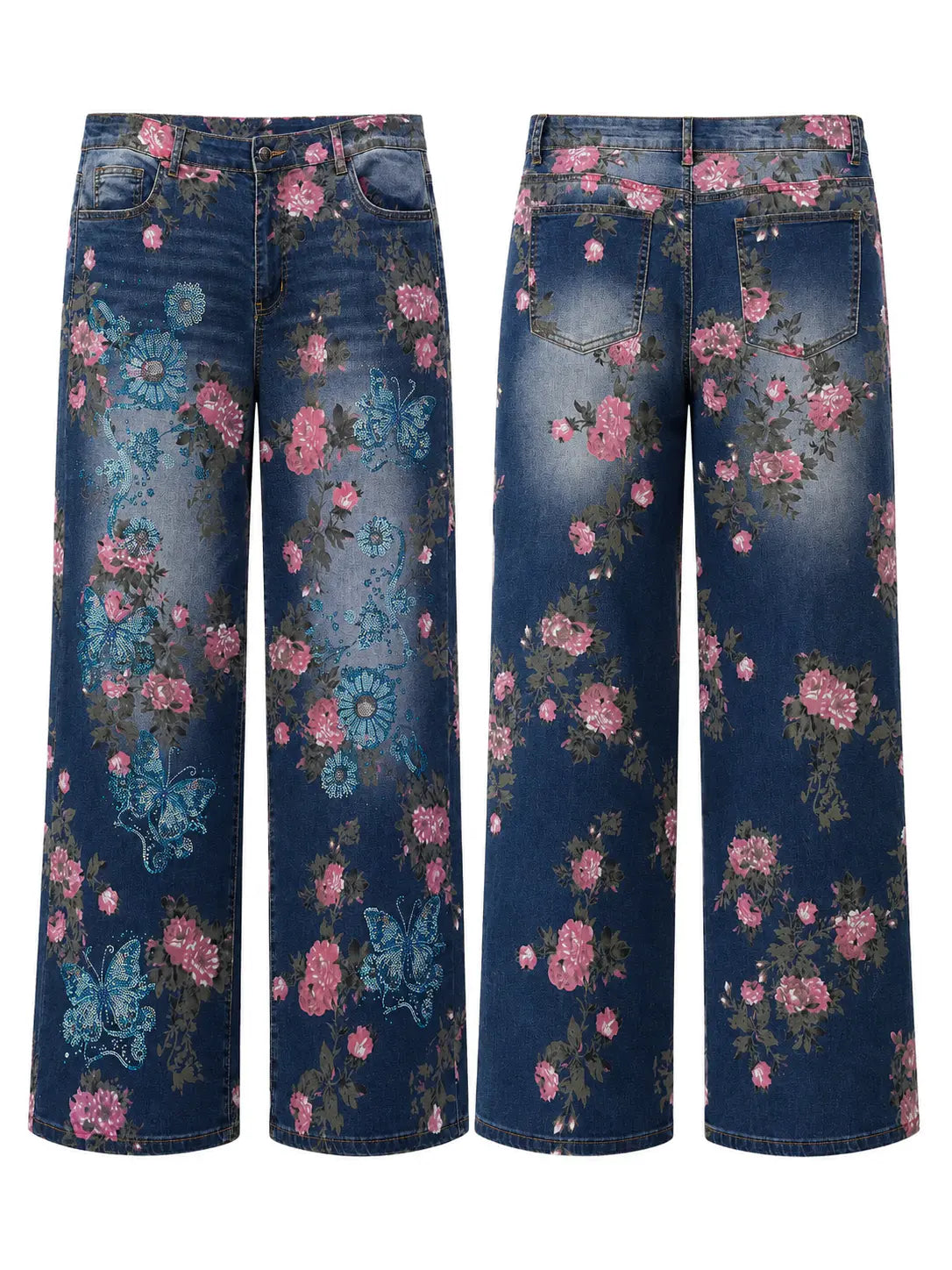 A pair of wide-leg denim jeans shown from both front and back views. The dark blue denim features an all-over floral and butterfly print with pink roses, blue butterflies, and green leaves. TCH Blue Floral Butterfly Rhinestone Wide-Leg Jeans