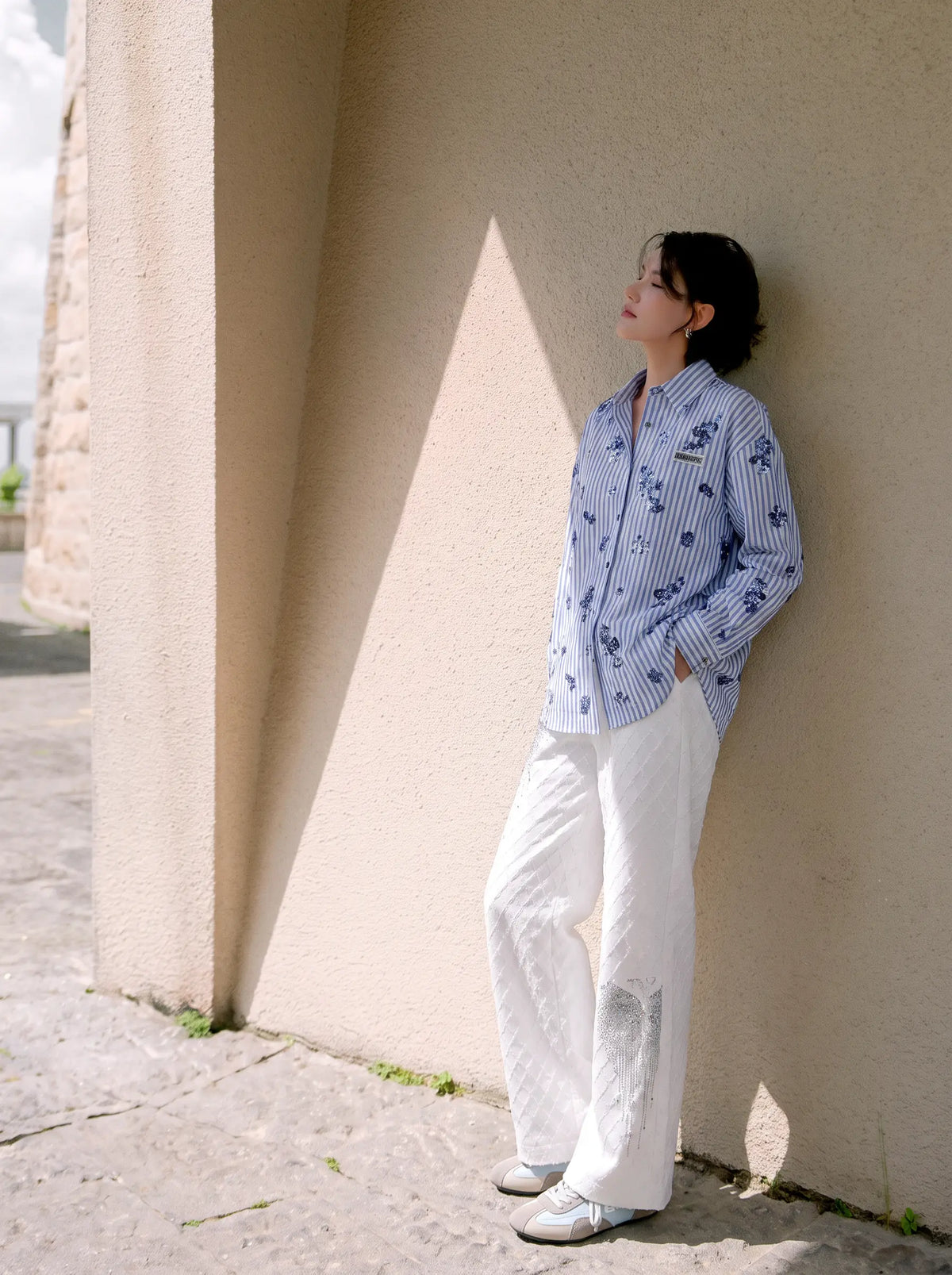 TCH Blue Floral Embroidered Pinstripe Shirt