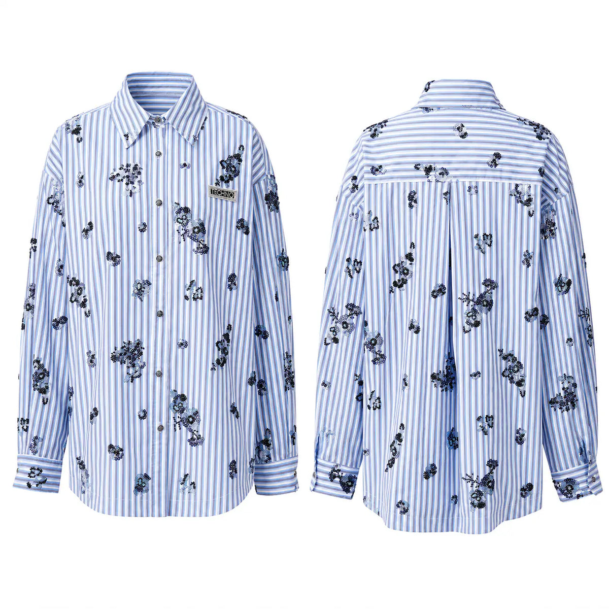 A long-sleeve button-up shirt shown from both front and back views. The shirt features a blue and white vertical stripe pattern with a scattered black floral print, a chest pocket, and a small rectangular brand patch on the front. TCH Blue Floral Embroidered Pinstripe Shirt