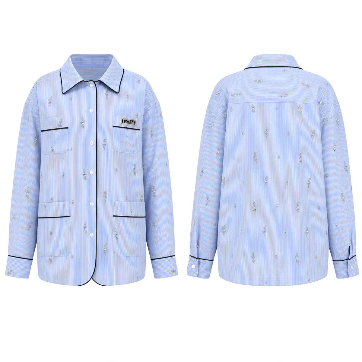 A light blue long-sleeve button-up shirt shown from both front and back, featuring a subtle vertical stripe pattern with small gray tree motifs, black piping trim, and a small chest label reading 'MOKOYI'. TCH Blue Pinstripe Embroidered Pocket Shirt