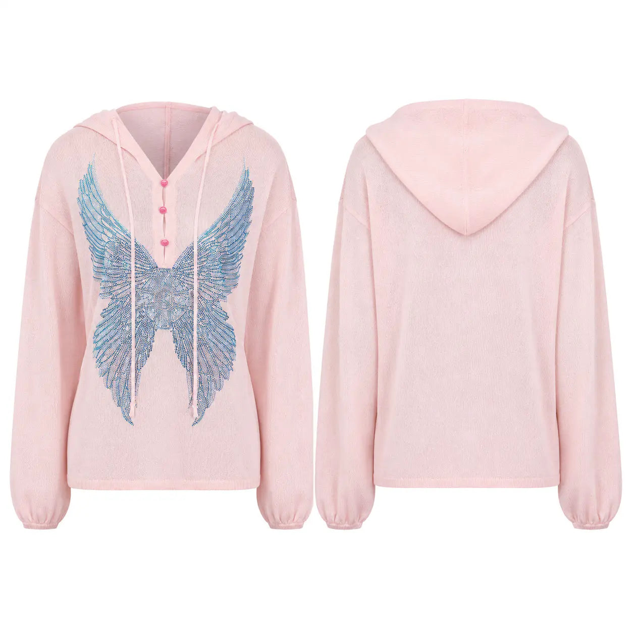 A light pink pullover hoodie shown from both the front and back. The front features a large blue wing graphic with a small pink bow at the center, and a split neckline with drawstrings and pink buttons. TCH Blue Rhinestone Angel Wings Cropped Hoodie