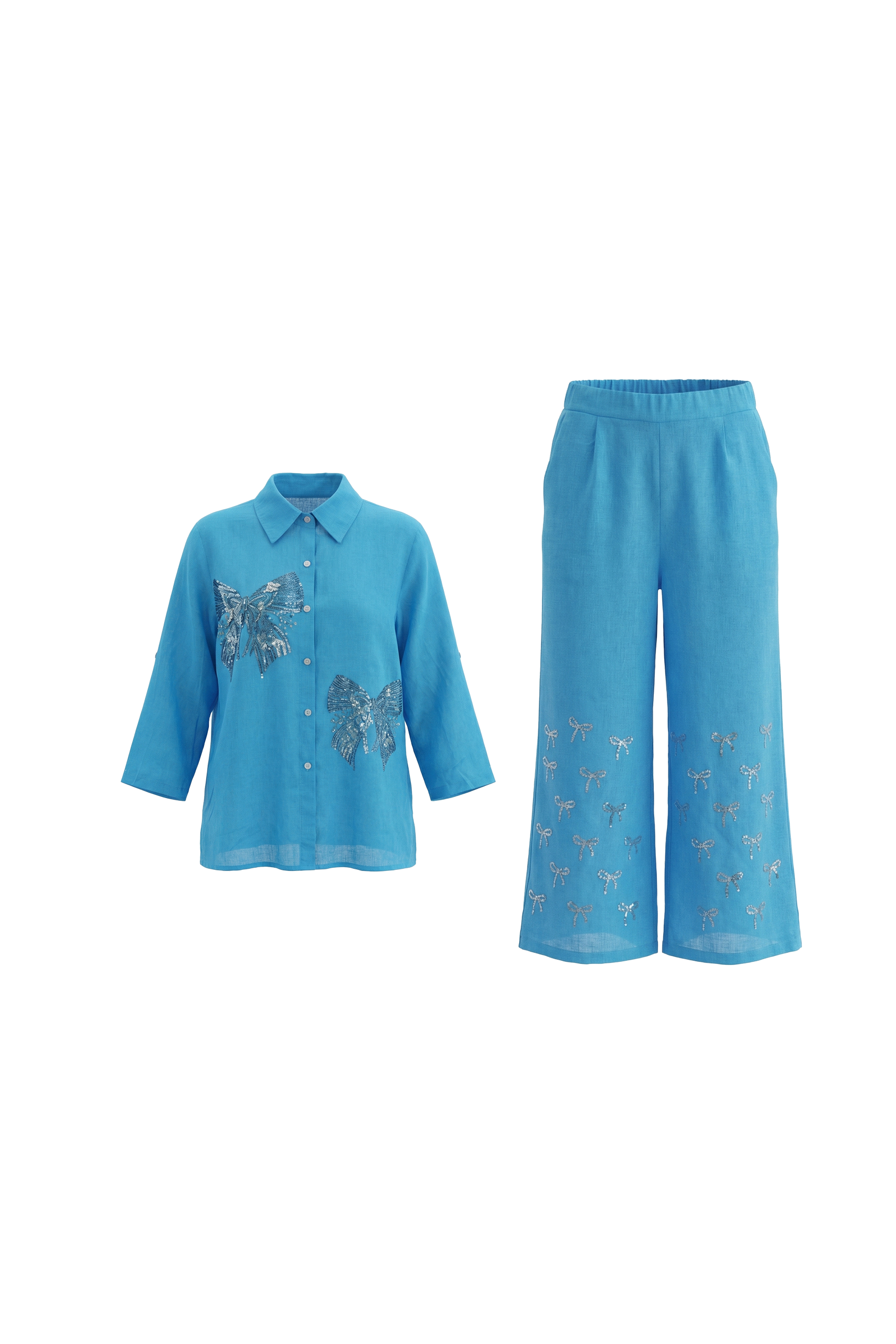 Blue outfit with butterfly patterns on a white background TCH Blue Rhinestone Bow Matching Set
