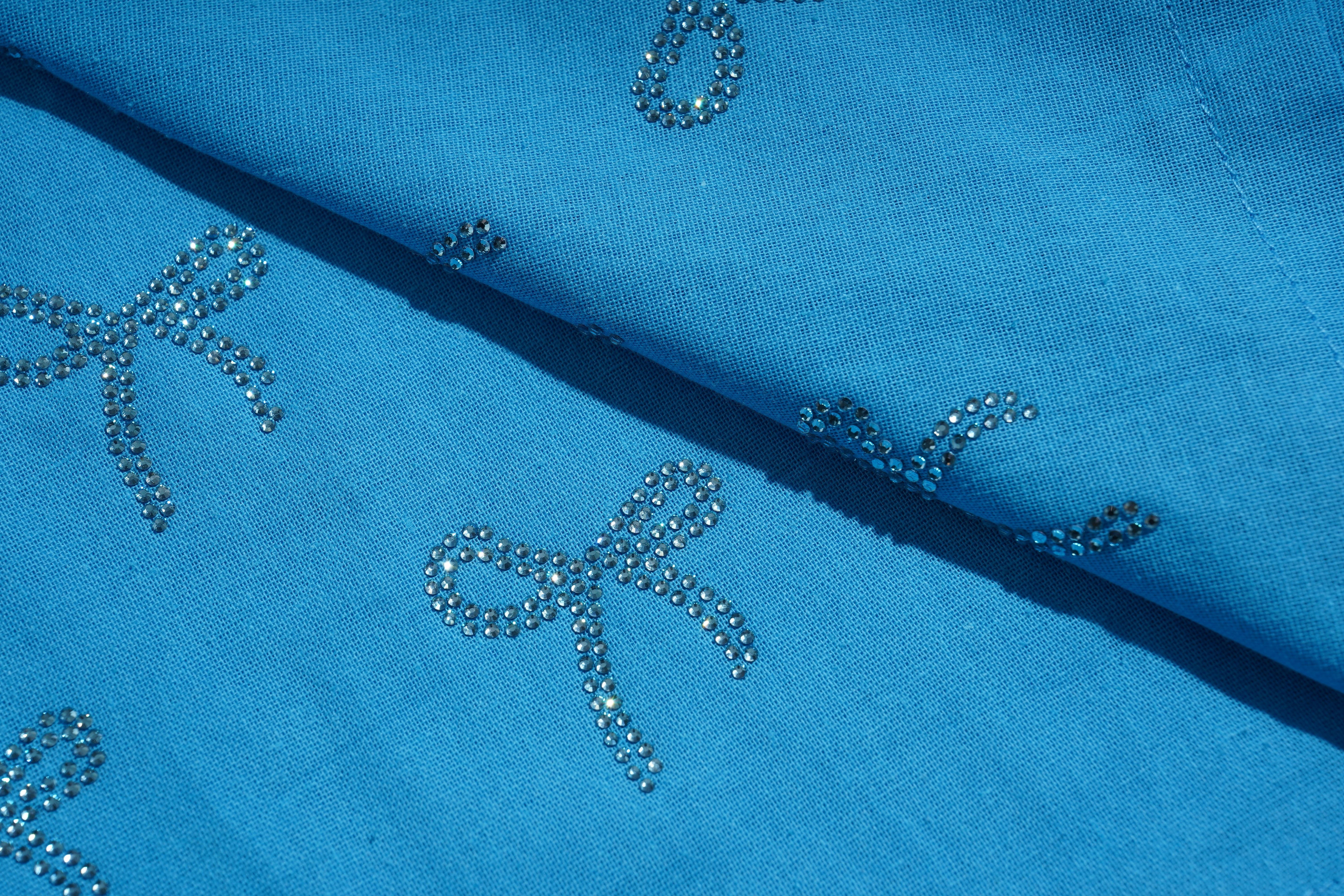 Blue fabric with decorative patterns and rhinestones, TCH Blue Rhinestone Bow Matching Set