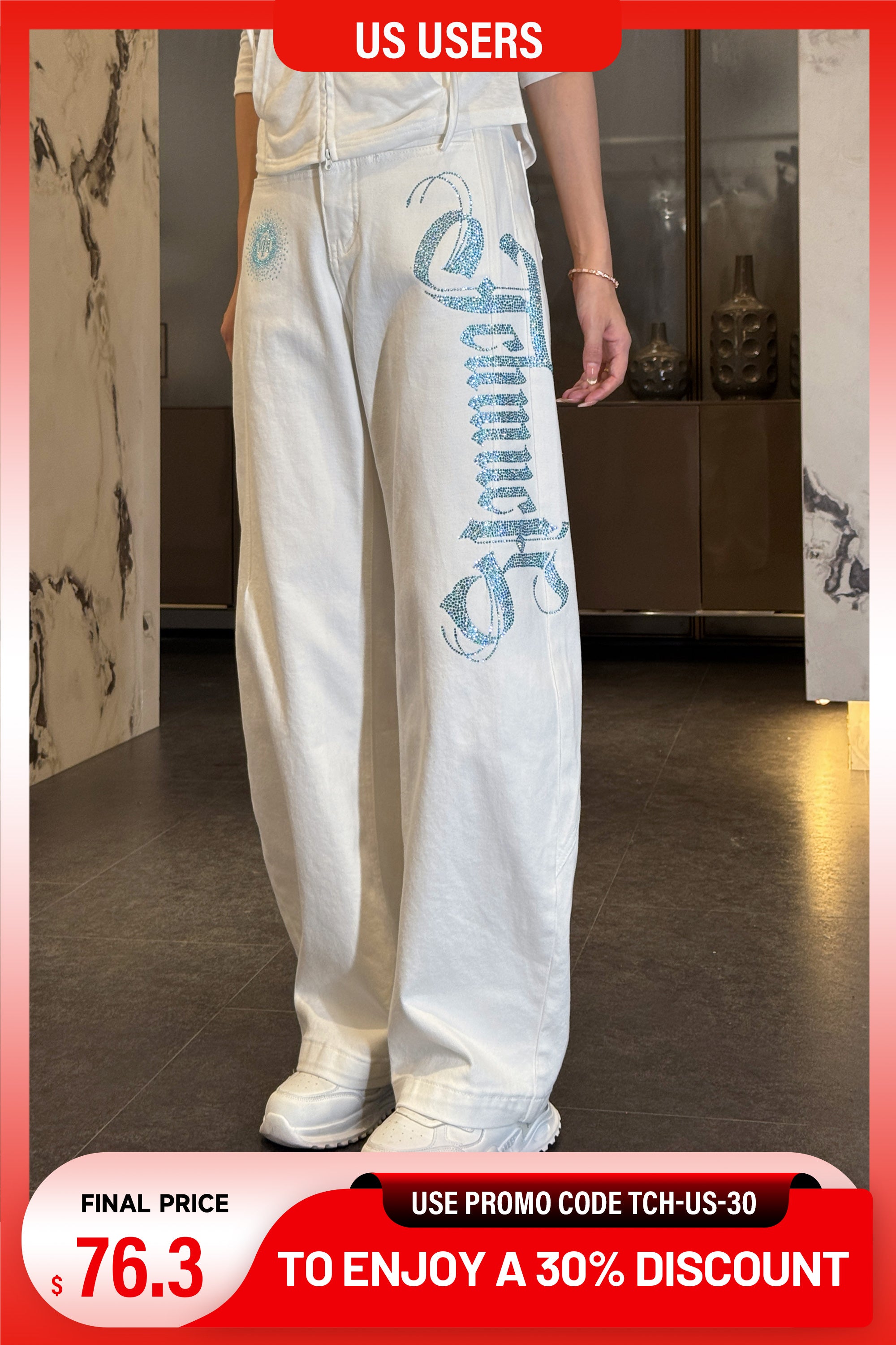 Wide-leg pants with a pattern on a white background, with a promotional banner at the bottom. TCH Blue Rhinestone Logo & “TchmucH” White Denim Jeans