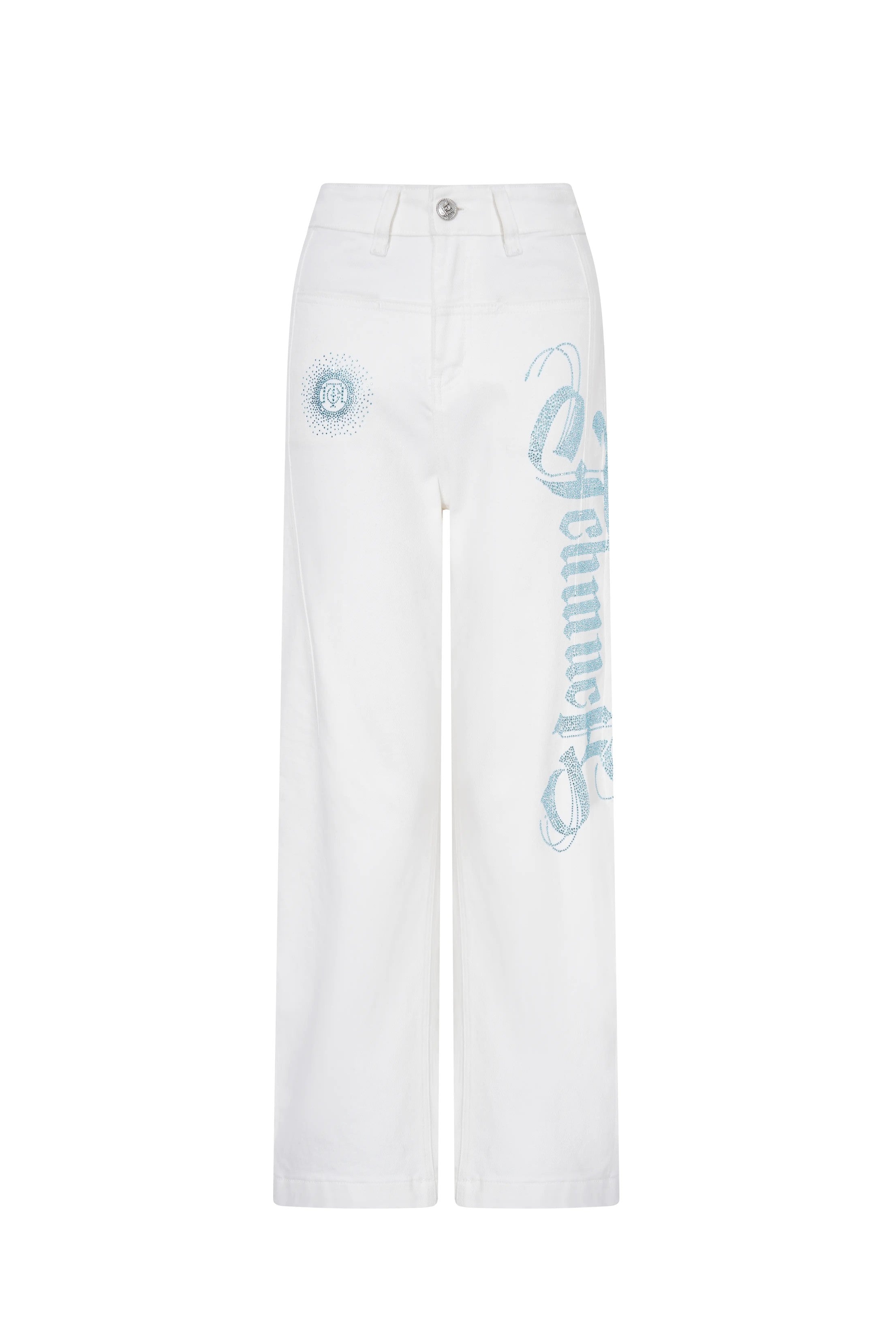White pants with blue text on a white background, TCH Blue Rhinestone Logo & “TchmucH” White Denim Jeans