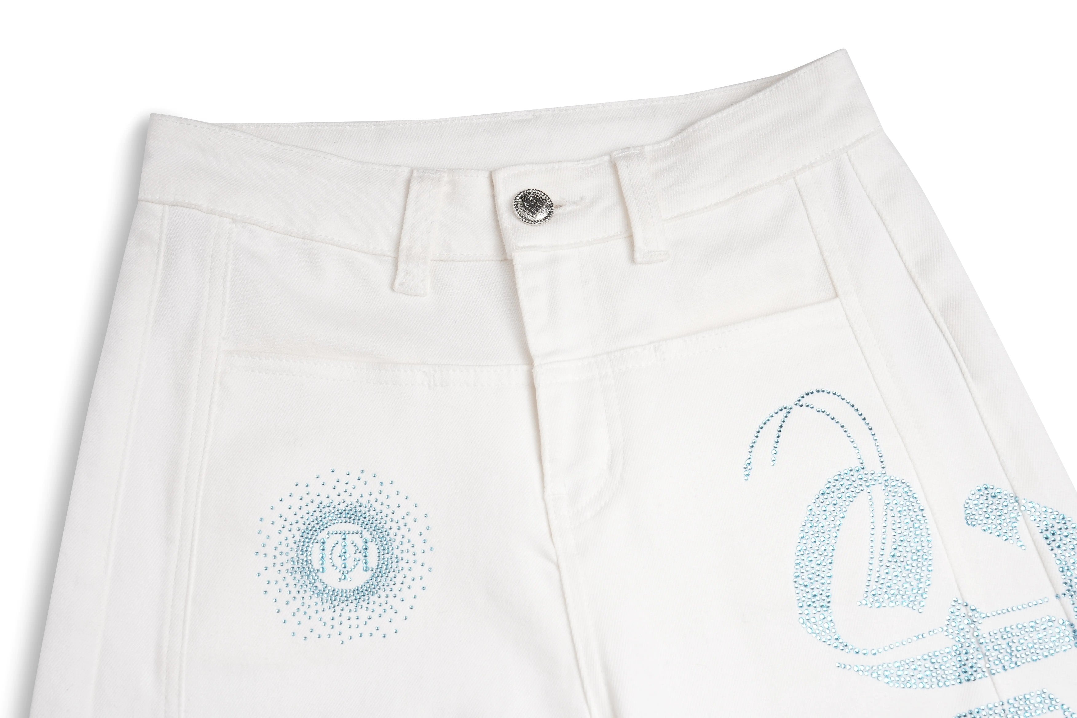White pants with blue circular designs on a white background, TCH Blue Rhinestone Logo & “TchmucH” White Denim Jeans