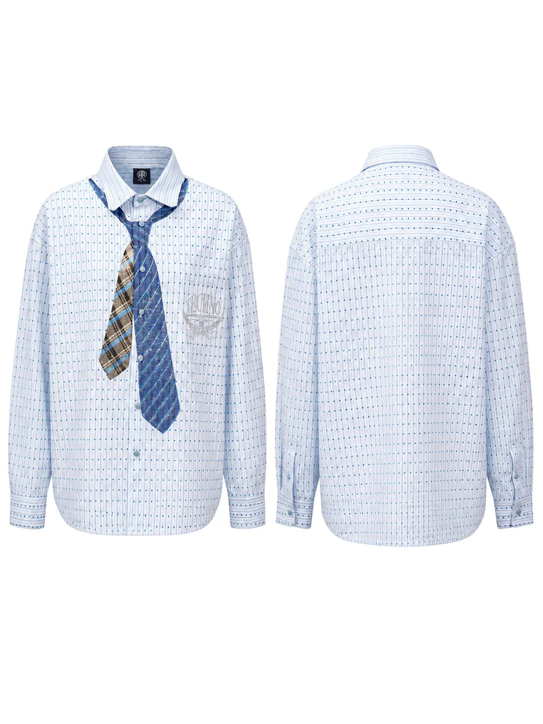 Front and back views of a light blue and white micro-patterned long-sleeve button-down shirt, styled with a blue patterned tie and a brown patterned necktie on a white background. TCH Blue Striped Tie Detail Button-Up Shirt