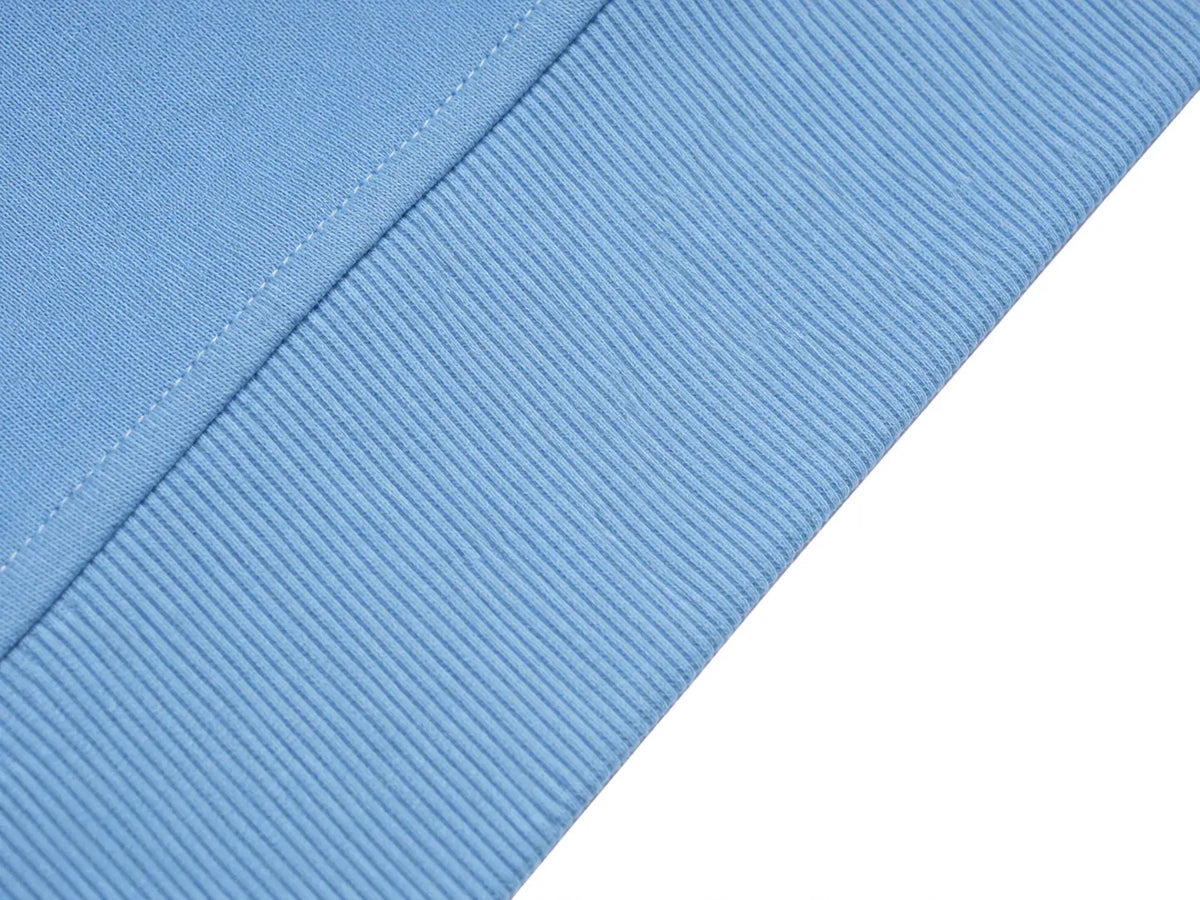 A close-up of light blue ribbed fabric with a diagonal seam, showing the texture and color against a white background. TCH Blue Teddy Bear Floral Rhinestone Hoodie