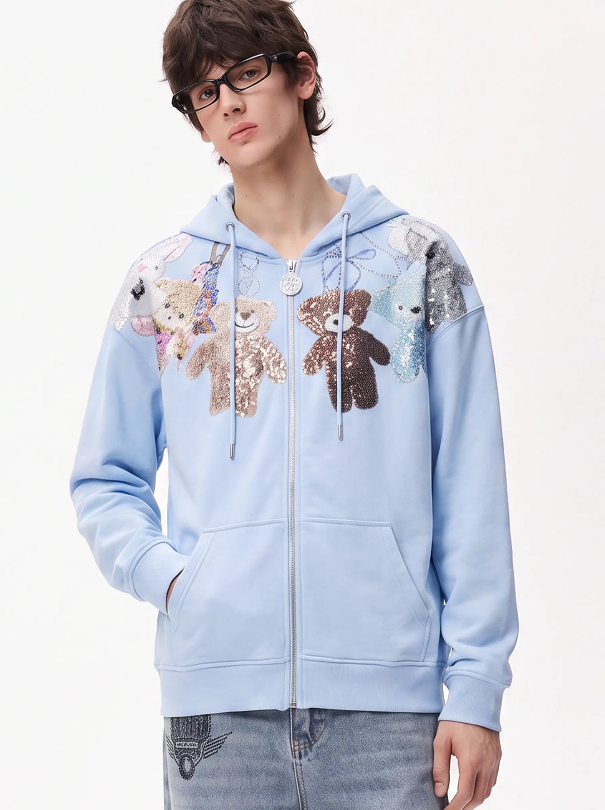 TCH Blue Teddy Bear Rhinestone Zip Hoodie TCH Blue Teddy Bear Rhinestone Zip Hoodie