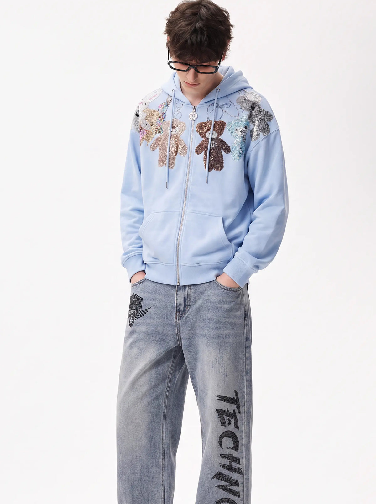 TCH Blue Teddy Bear Rhinestone Zip Hoodie TCH Blue Teddy Bear Rhinestone Zip Hoodie