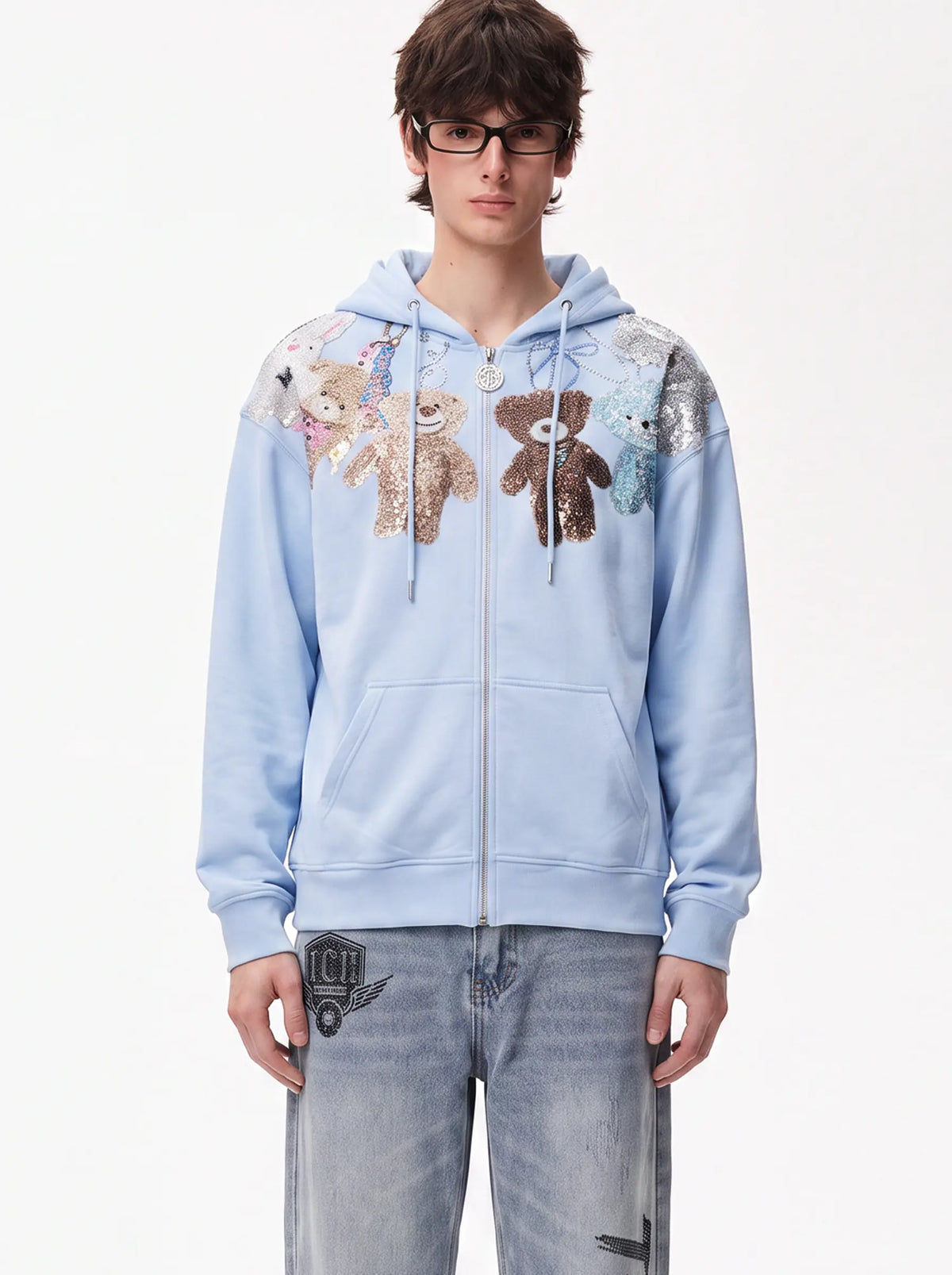 TCH Blue Teddy Bear Rhinestone Zip Hoodie TCH Blue Teddy Bear Rhinestone Zip Hoodie
