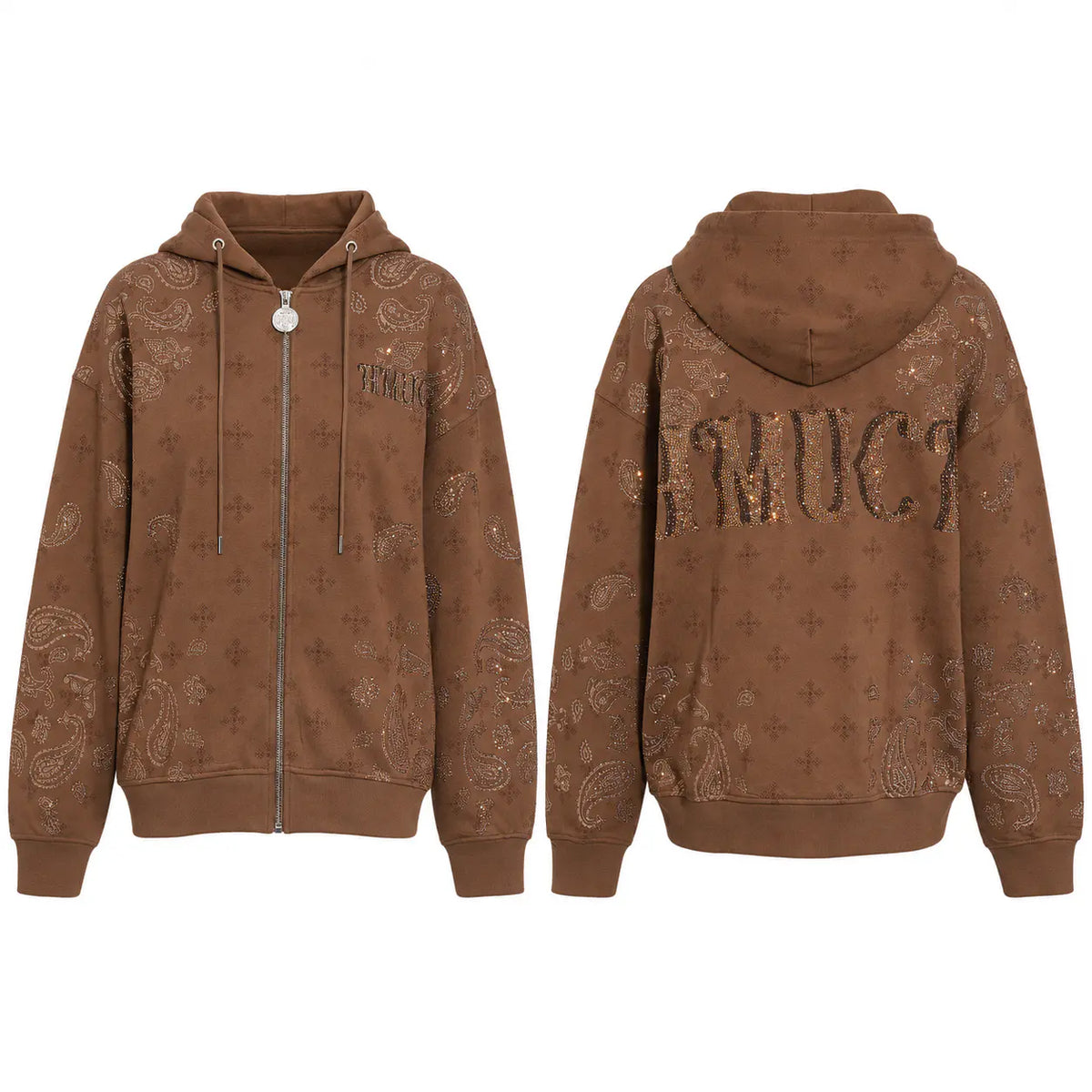 A brown zip-up hoodie shown from both front and back views. The front features an all-over tonal paisley and cross pattern, a silver zipper, and a small silver chest emblem. TCH Brown Rhinestone Paisley Zip Up Hoodie