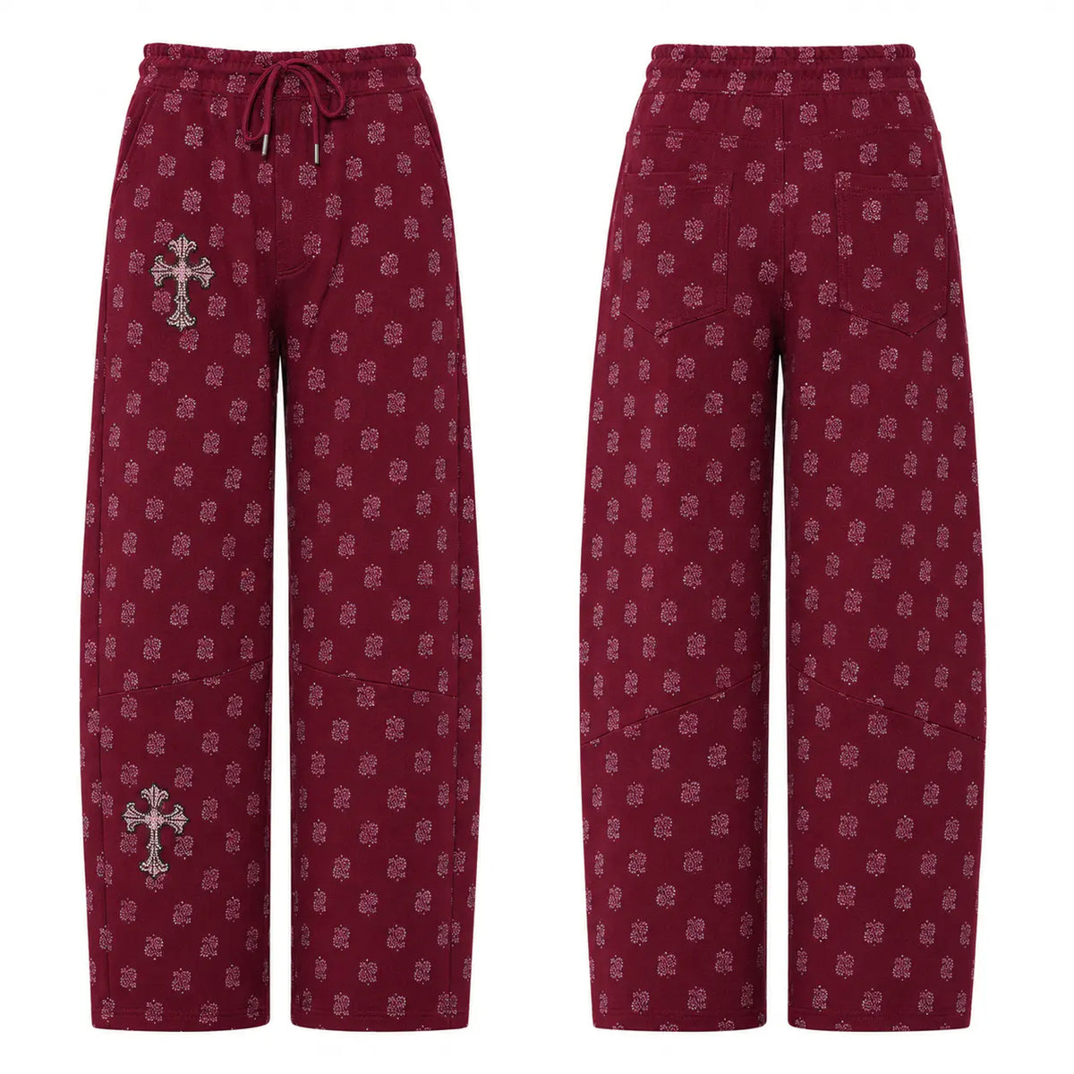 A pair of women's wide-leg lounge pants shown from both the front and back views. The pants are burgundy with a repeating light pink monogram pattern and feature a silver cross patch on the left leg. TCH Burgundy Paisley Print Wide-Leg Sweatpants with Cross Graphic