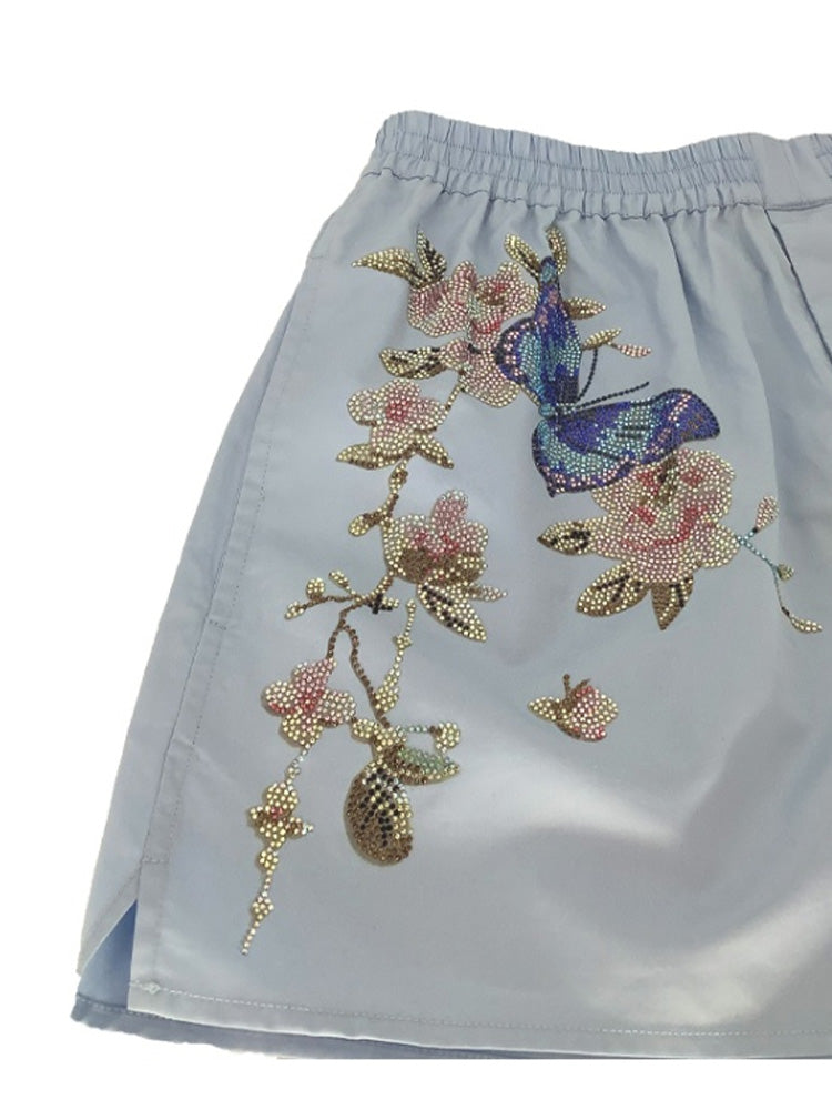 tch butterfly flower rhinestone lightweight shorts lightblue HighEnd Luxury Streetwear Brand Official Showcase