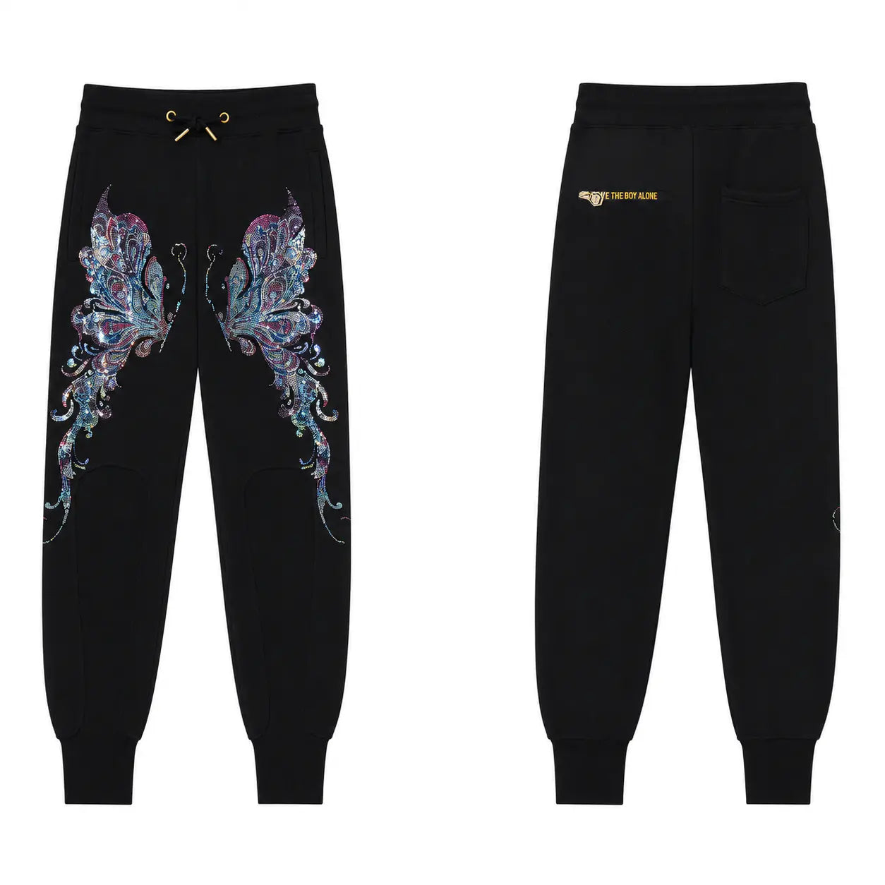 Black jogger sweatpants shown from both front and back views. The front features a large, colorful butterfly graphic in purple, blue, and pink tones on the left leg, with a drawstring waist and side pockets. TCH Butterfly Rhinestone Graphic Black Jogger Pants
