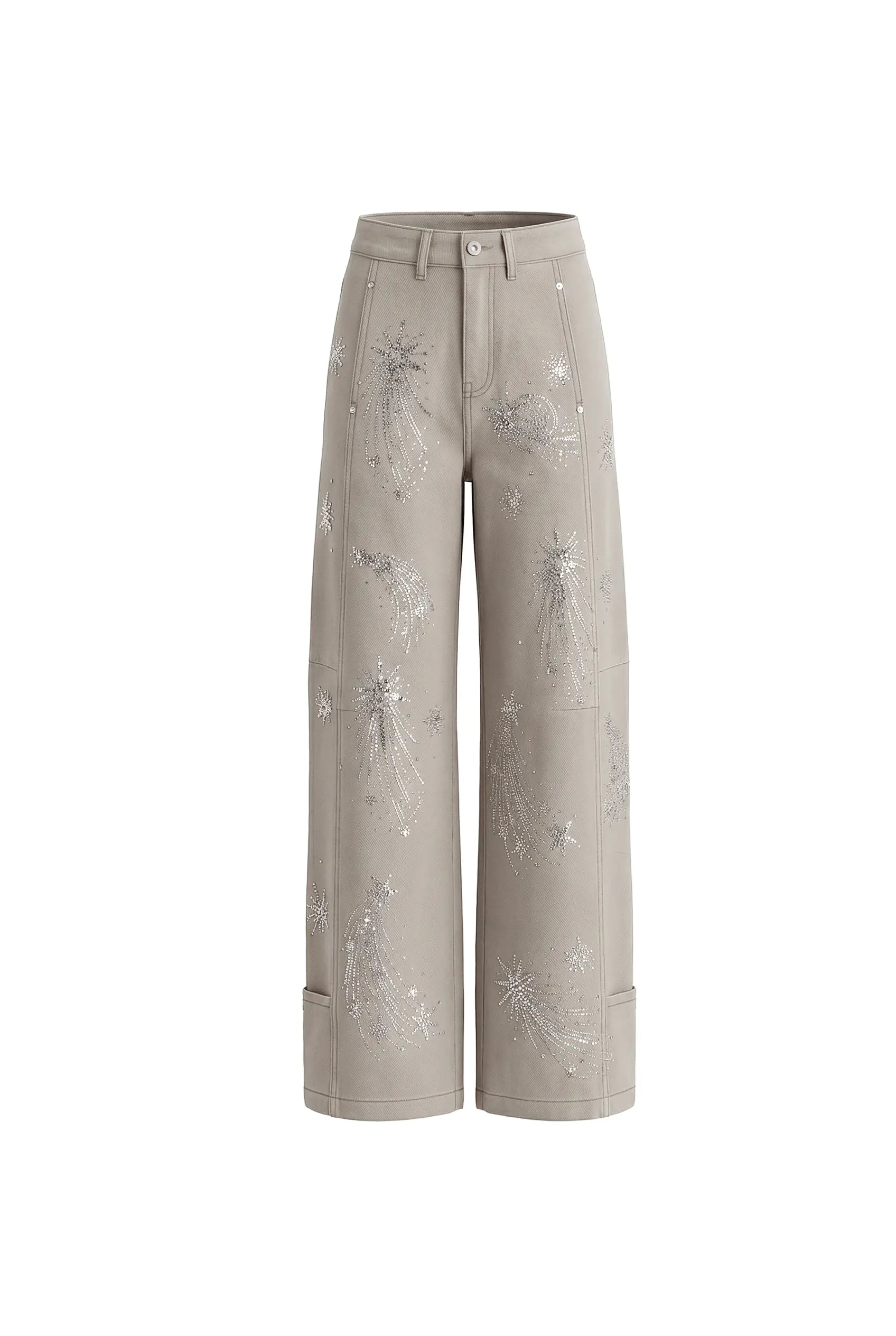 Light gray pants with star embroidery on a white background, TCH Celestial Firework Rhinestone Wide-Leg Pants