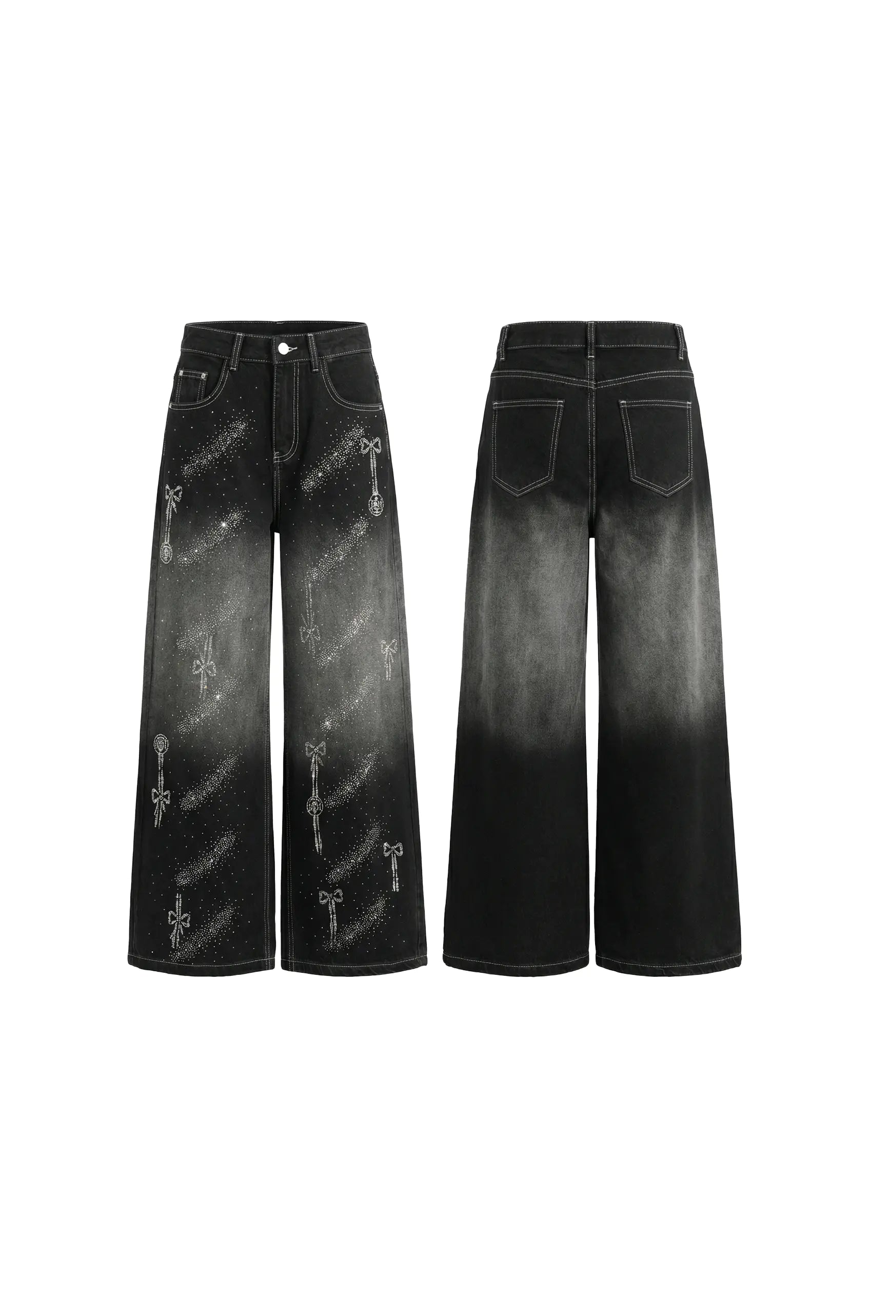 Black wide-leg jeans with gradient effect on a white background, TCH Celestial Rhinestone Wide-Leg Black Jeans