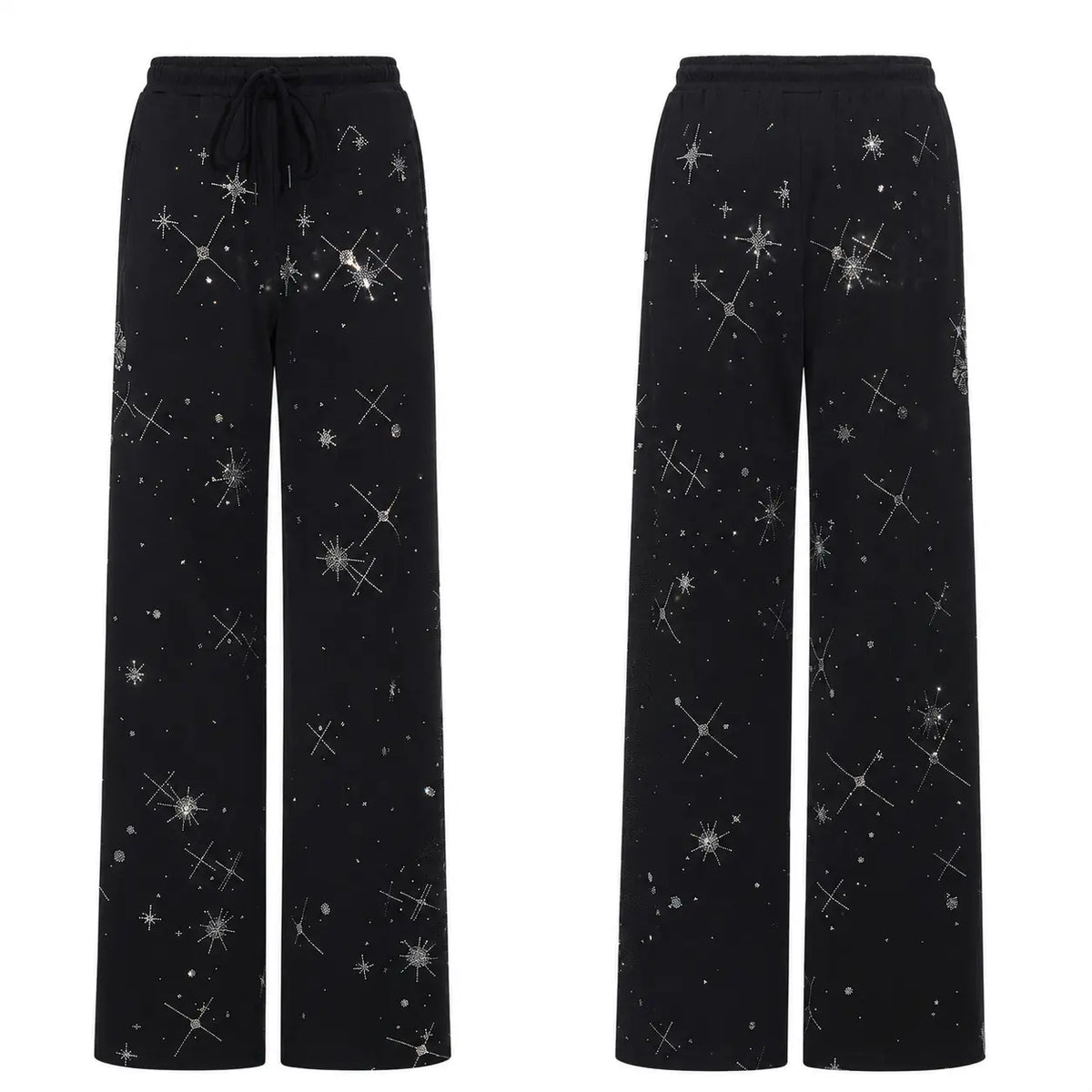 Black wide-leg pants with a white starry constellation print, shown from both the front and back views on a plain white background. TCH Celestial Rhinestone Wide-Leg Sweatpants