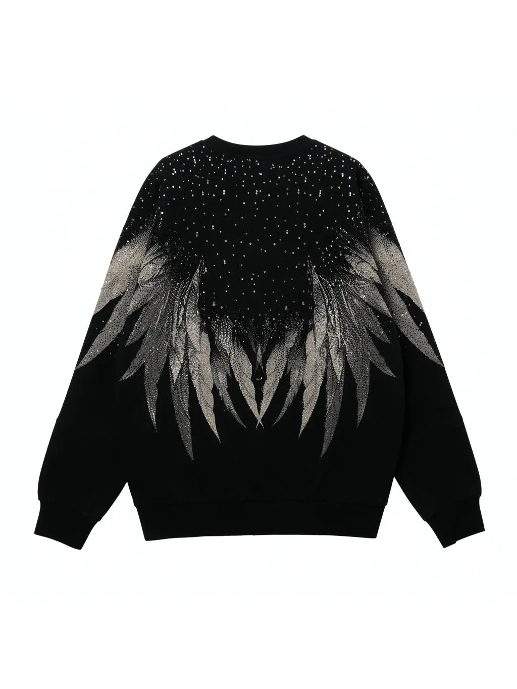 Black sweater with angel wings and starry background design on a white background, TCH Celestial Wing Graphic Crewneck Sweatshirt