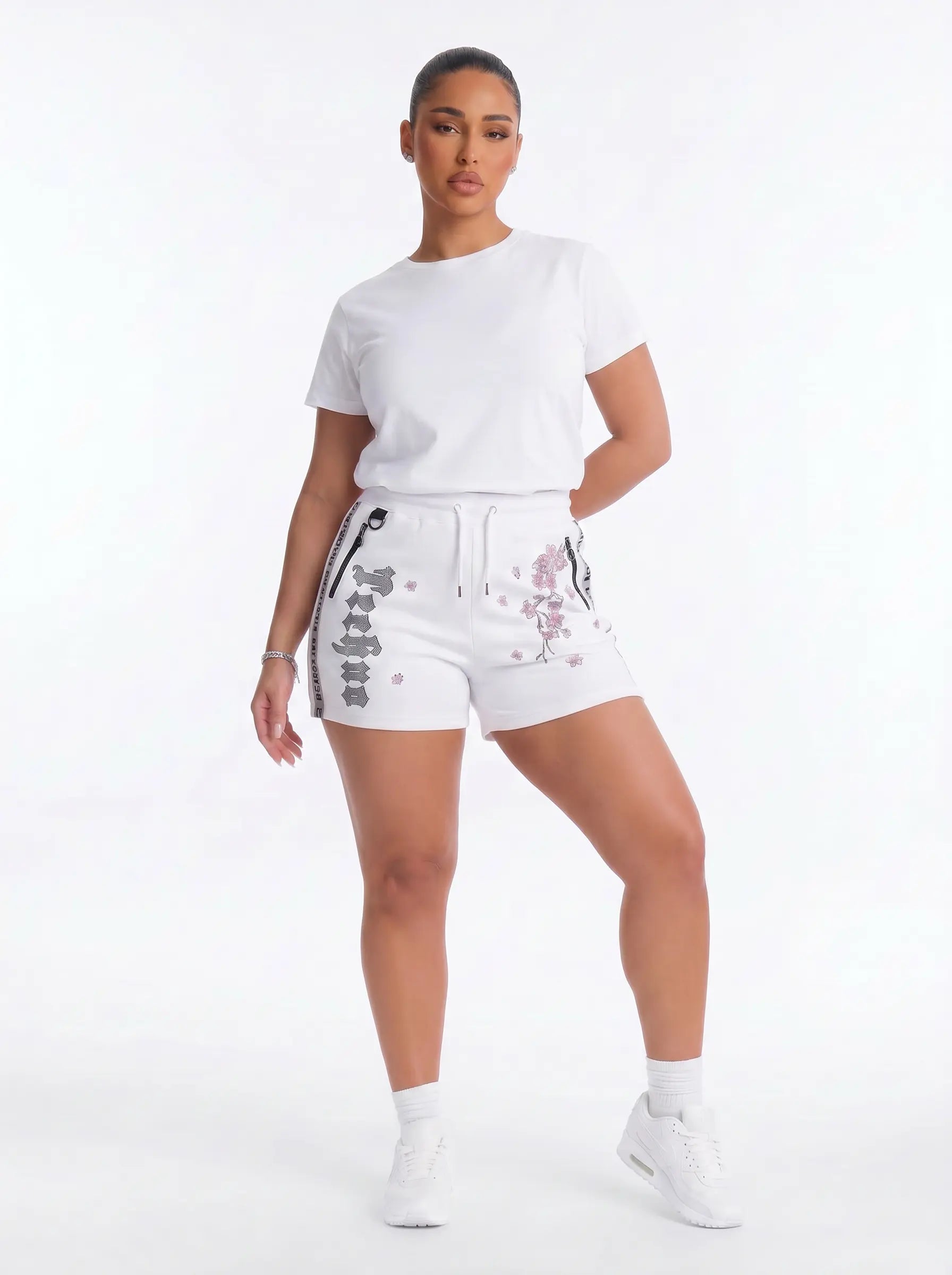 TCH Cherry Blossom Rhinestone Shorts White Streetwear Drawstring Sweat Shorts Luxury Streetwear Brand Official Showcase