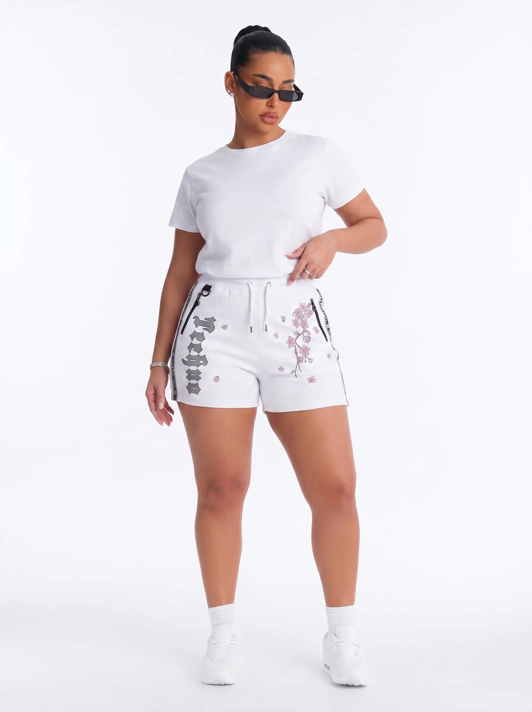 TCH Cherry Blossom Rhinestone Shorts White Streetwear Drawstring Sweat Shorts Luxury Streetwear Brand Official Showcase