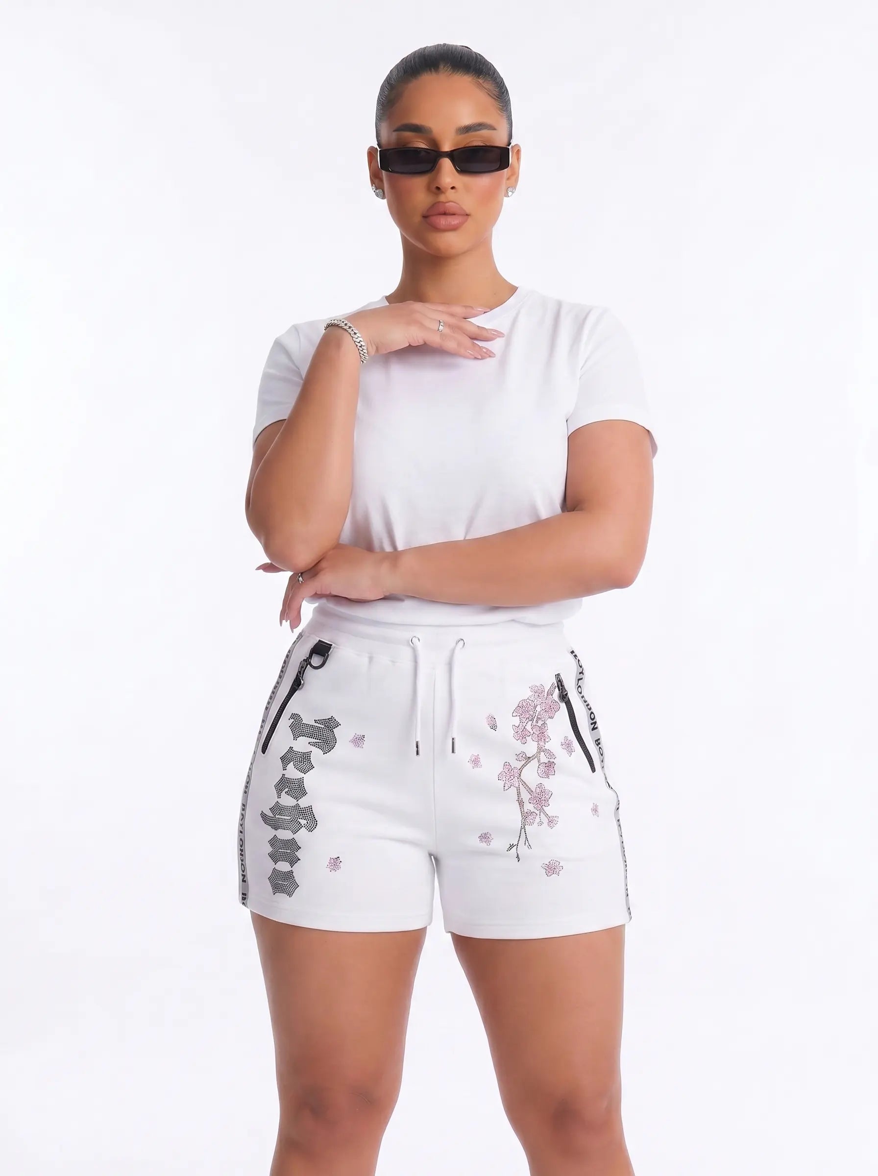 TCH Cherry Blossom Rhinestone Shorts White Streetwear Drawstring Sweat Shorts Luxury Streetwear Brand Official Showcase