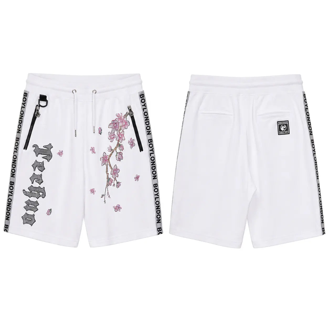 TCH Cherry Blossom Rhinestone Shorts White Streetwear Drawstring Sweat Shorts Luxury Streetwear Brand Official Showcase