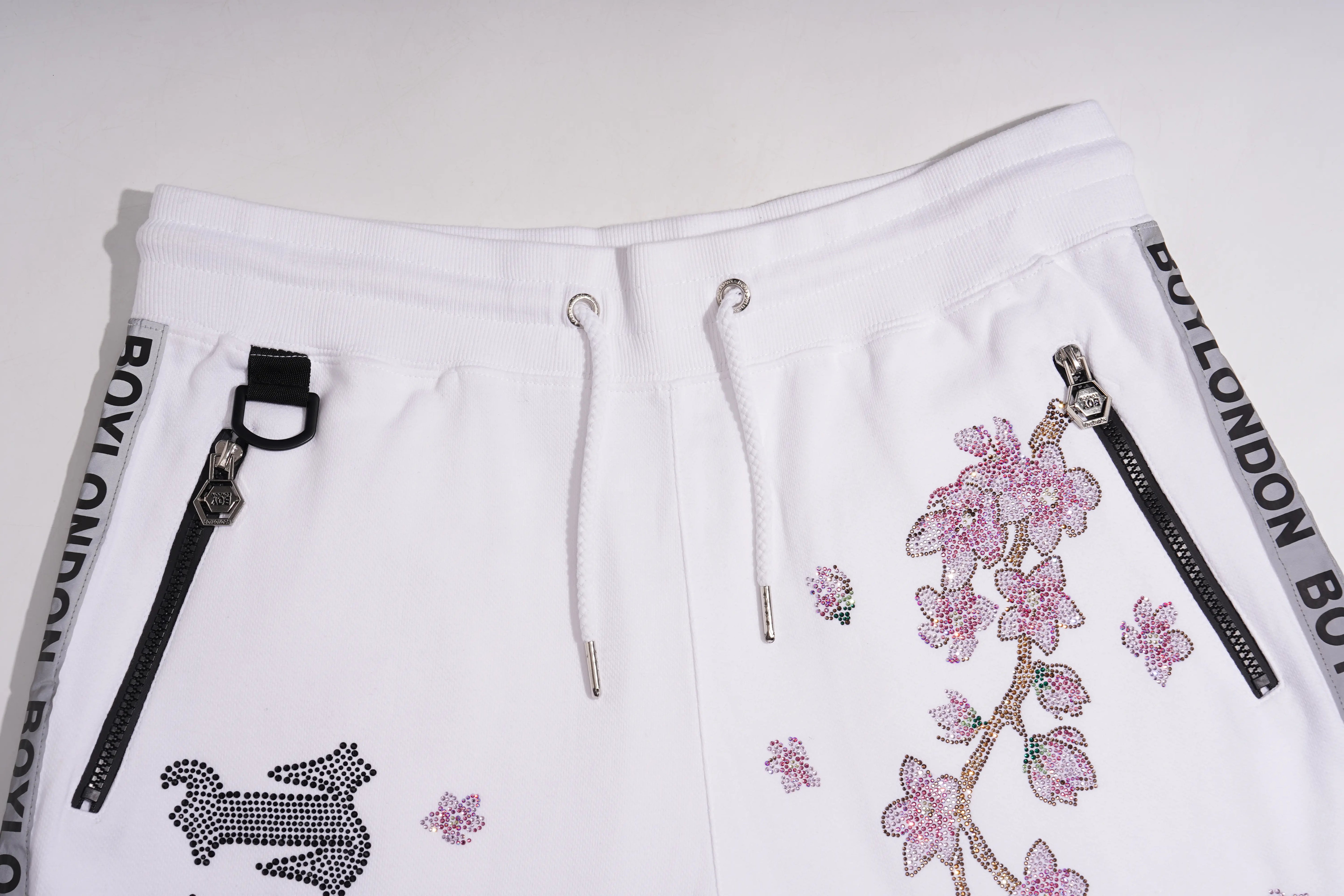 TCH Cherry Blossom Rhinestone Shorts White Streetwear Drawstring Sweat Shorts Luxury Streetwear Brand Official Showcase
