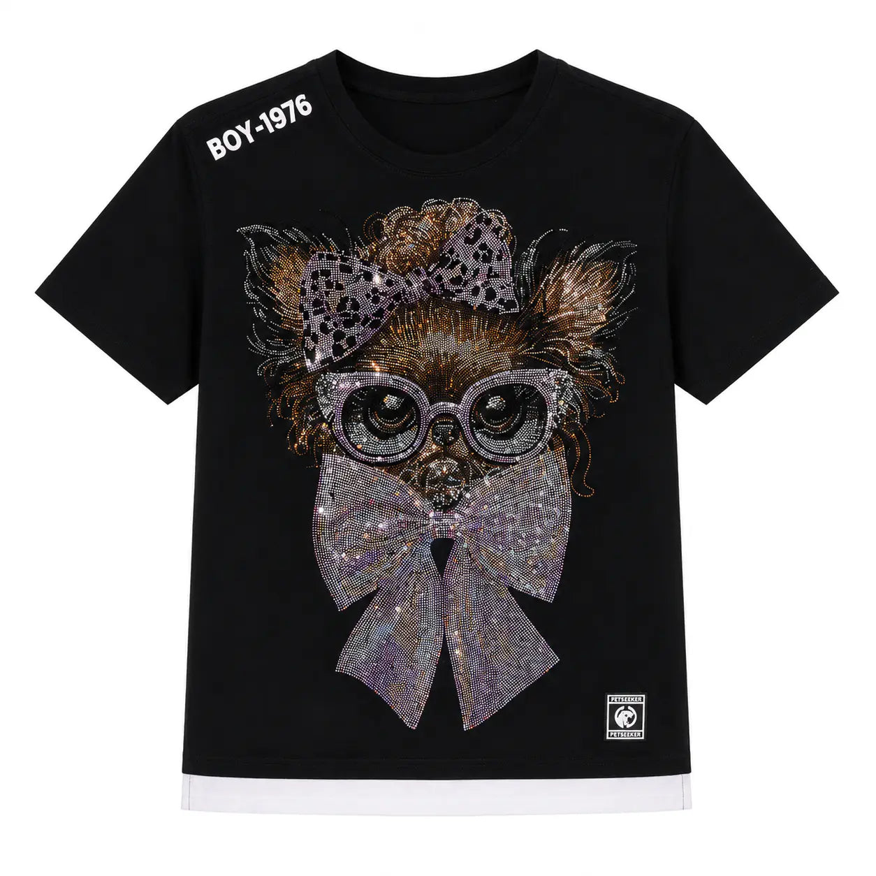 Black t-shirt with a decorative animal design and 'BOY-1976' branding on a white background, TCH Chihuahua Bow Rhinestone T-Shirt