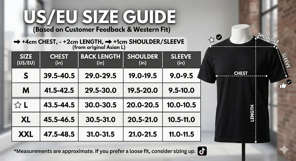 US/EU size guide for a black t-shirt with measurements on a gray background, TCH Chihuahua Bow Rhinestone T-Shirt