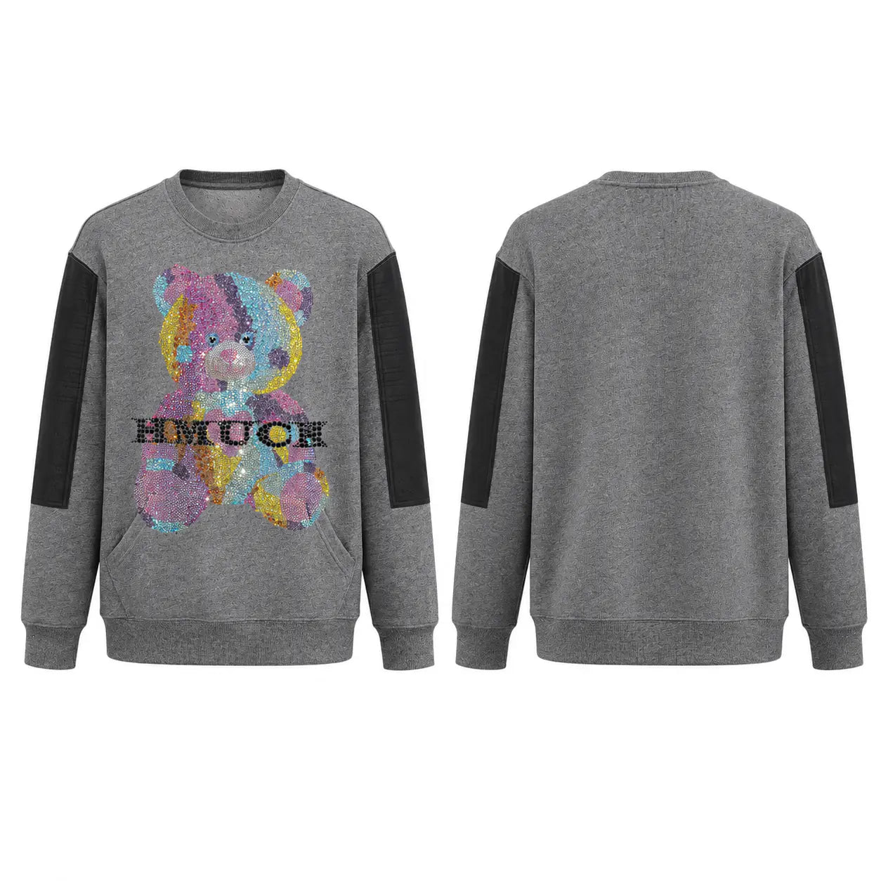A heather gray crewneck sweatshirt shown from both front and back views. The front features a colorful, sequin-like teddy bear graphic with the text 'HMOON' printed across the chest, and black color-blocked panels on the sleeves. TCH Colorful Rhinestone Teddy Bear Crewneck Sweatshirt