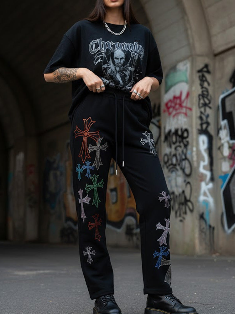 tch cross graphic rhinestone high waist pants black HighEnd Luxury Streetwear Brand Official Showcase