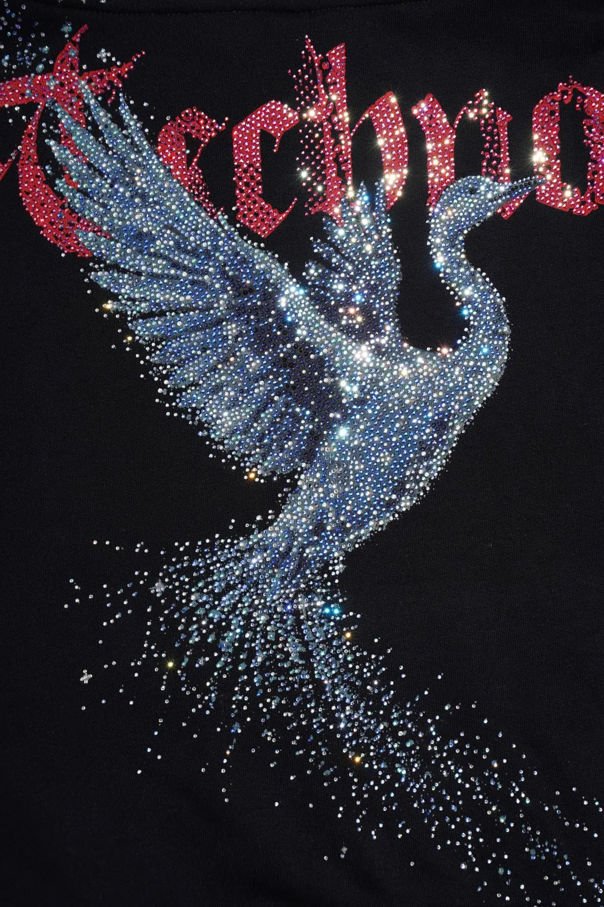 A close-up of a black garment featuring a large rhinestone-embellished bird design in blue and silver, with red rhinestone lettering across the top. TCH Crystal Eagle Graphic Zip Up Hoodie