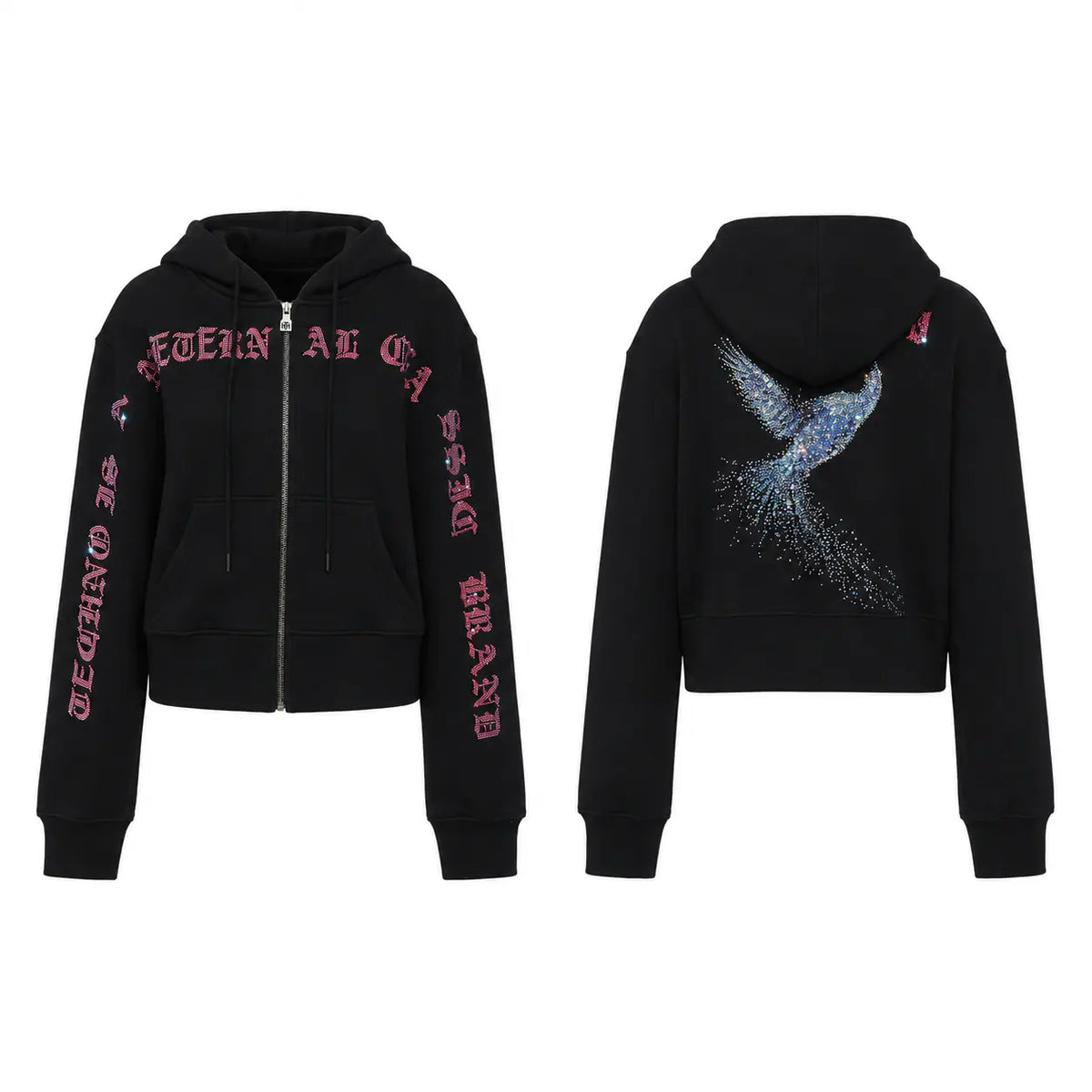 Black cropped zip-up hoodie shown from the front and back. The front features pink gothic-style text on the sleeves and chest, while the back displays a large blue and silver glittery bird graphic. TCH Crystal Eagle Graphic Zip Up Hoodie