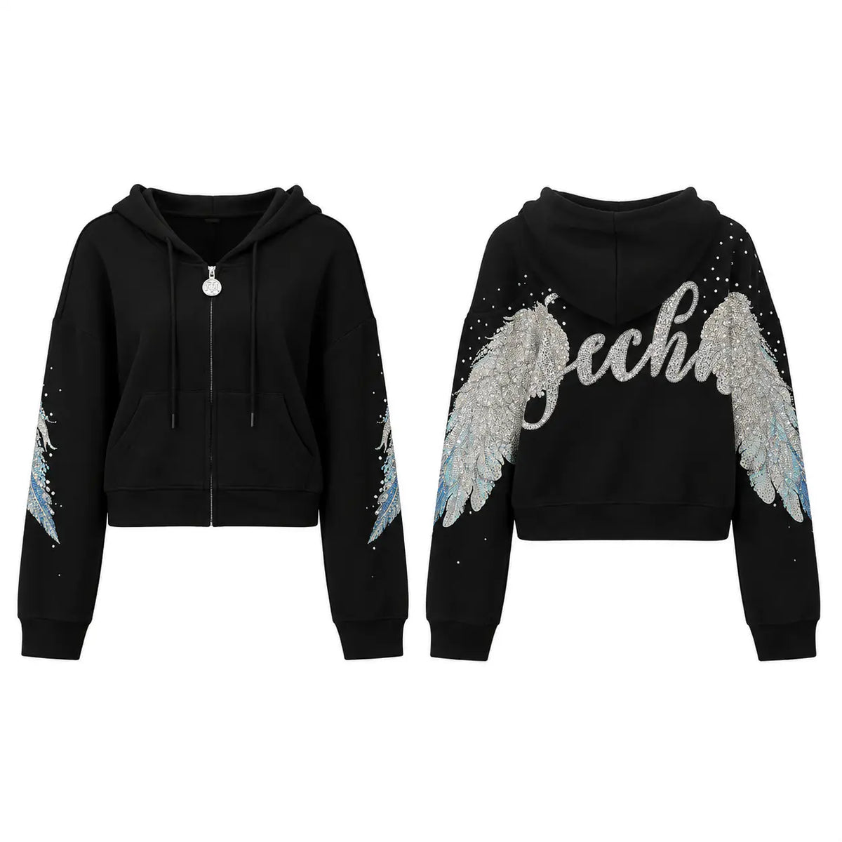 Black cropped zip-up hoodie shown from the front and back. Features silver rhinestone angel wings on the sleeves and back, with a large silver rhinestone script spelling 'Becca' across the back. TCH Crystal Wing Graphic Zip Up Hoodie