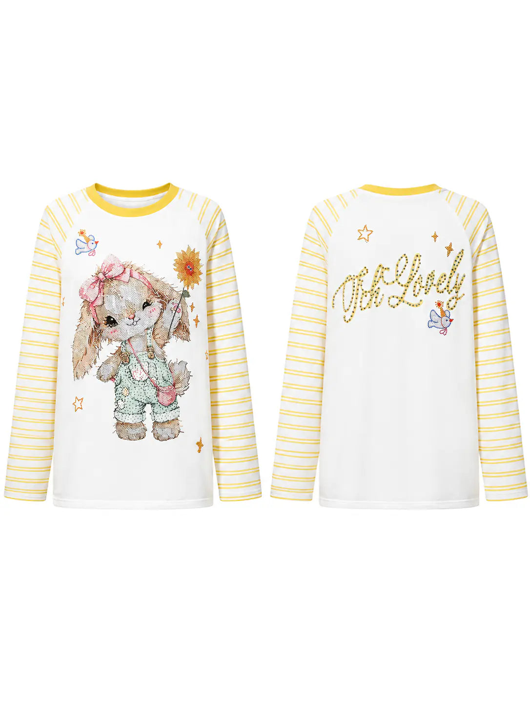 A children's long-sleeve top shown from both front and back. The front has a white body with yellow striped sleeves, a yellow collar, and a large cartoon bunny graphic holding a flower. TCH Cute Bunny Rhinestone Graphic Striped Sleeve Long Sleeve T-Shirt