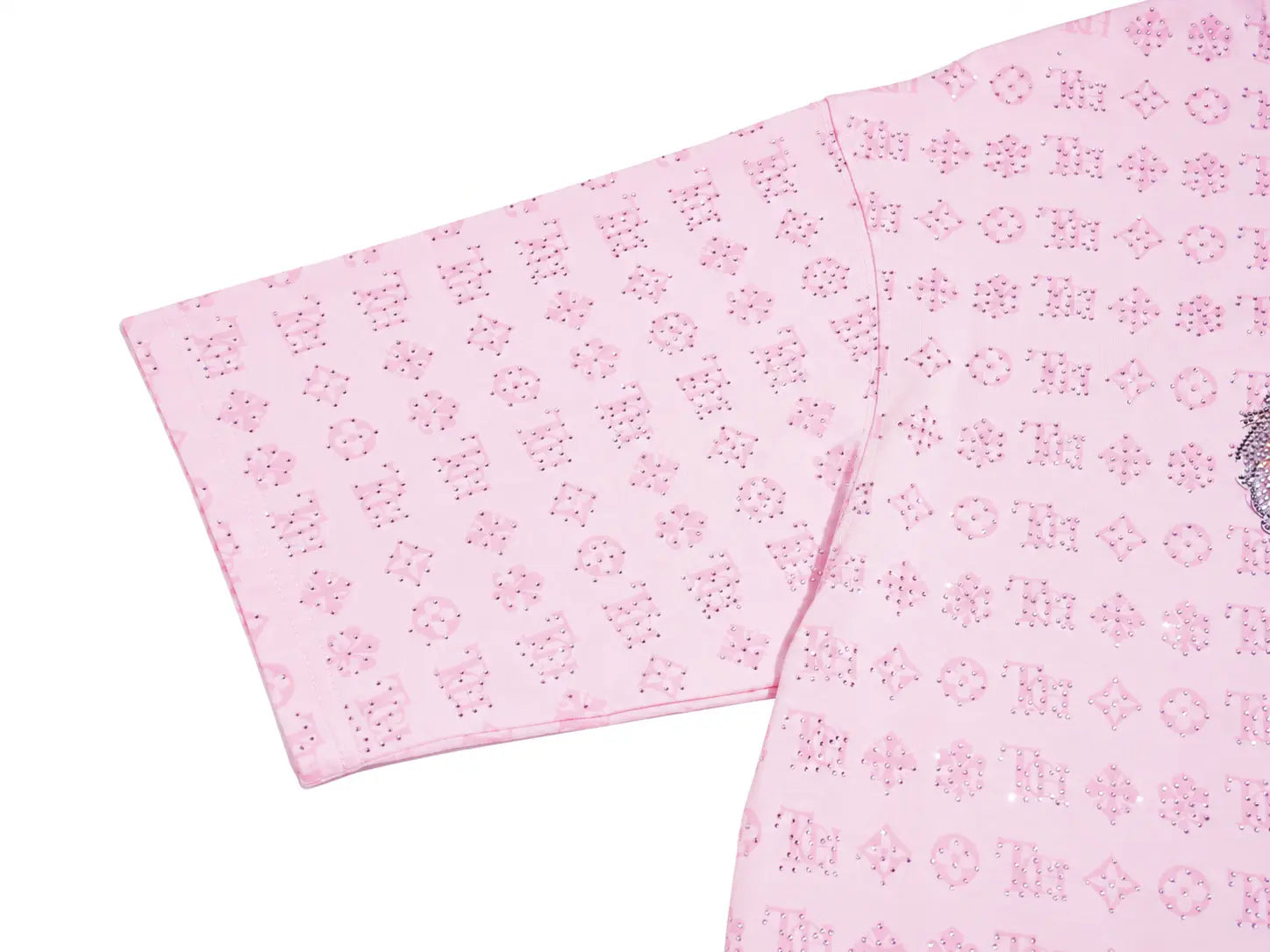 A close-up of a light pink garment, likely a kimono or yukata, featuring a repeating tonal pink floral and geometric pattern on a white background. TCH Cute Hoodie Teddy Bear Rhinestone Oversized T-Shirt Dress