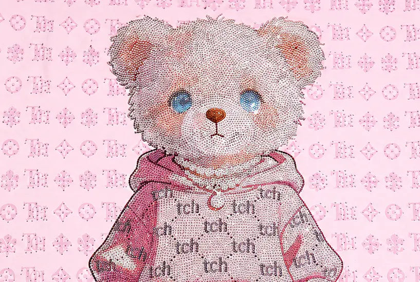 A teddy bear illustration or patch featuring a cream-colored bear with blue eyes, wearing a pink hoodie with a repeating 'tch' monogram pattern, set against a pink background with a matching monogram pattern. TCH Cute Hoodie Teddy Bear Rhinestone Oversized T-Shirt Dress