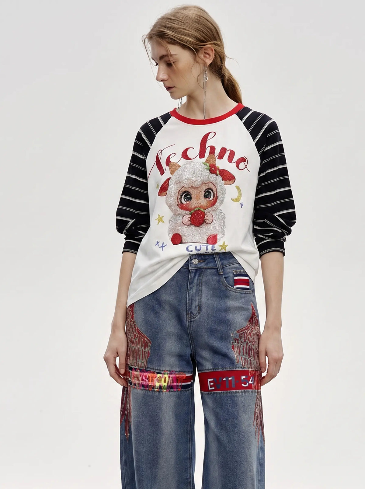 TCH Cute Horse Graphic Black & White Raglan Long Sleeve T-Shirt Luxury Streetwear Brand Official Showcase