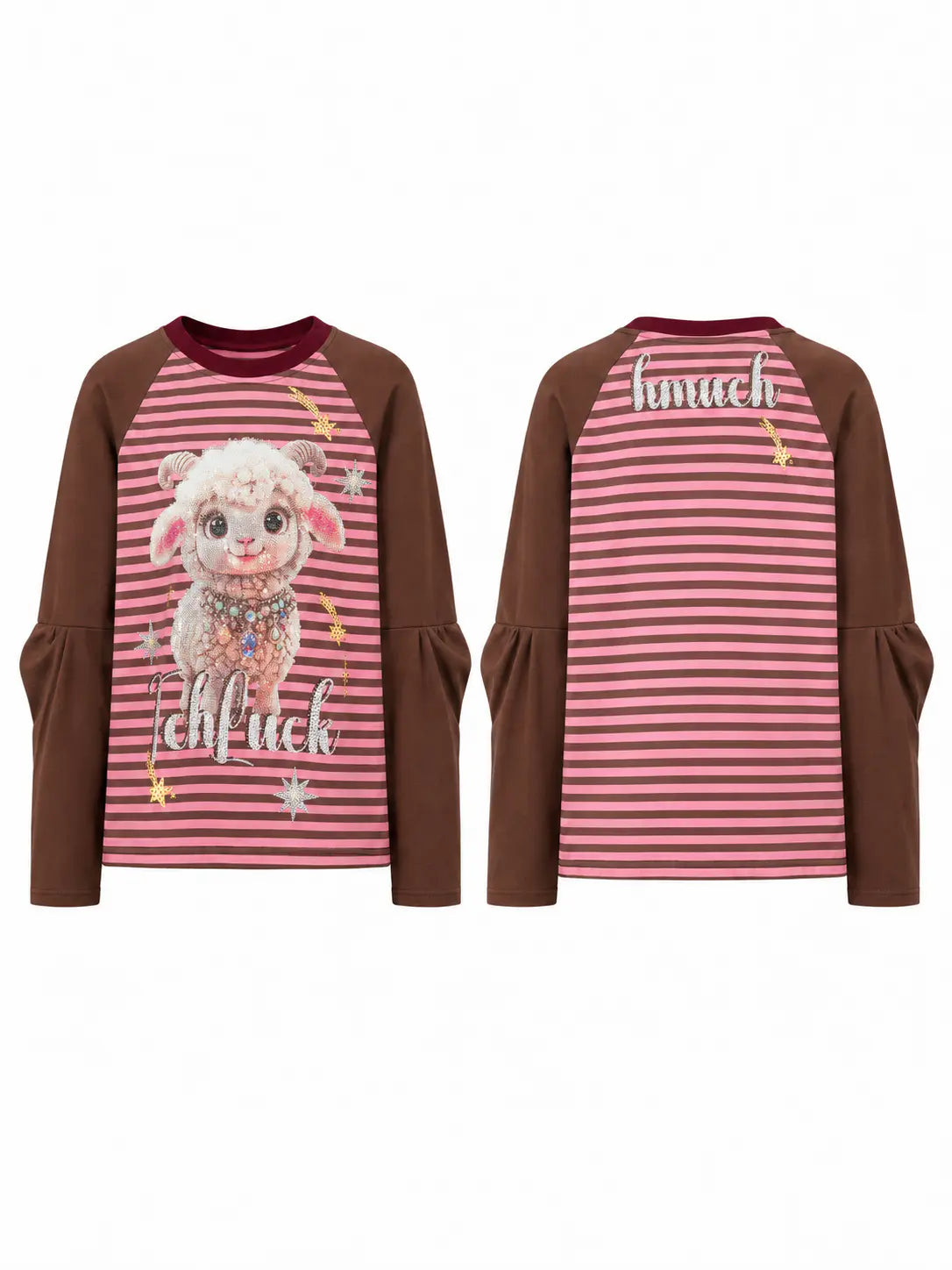 Front and back views of a children's long-sleeve raglan top. The top features pink and red horizontal stripes on the body, solid brown sleeves, and a graphic of a fluffy white sheep with the word 'elfuck' on the front. TCH Cute Lamb Pink Striped Raglan Long Sleeve Top