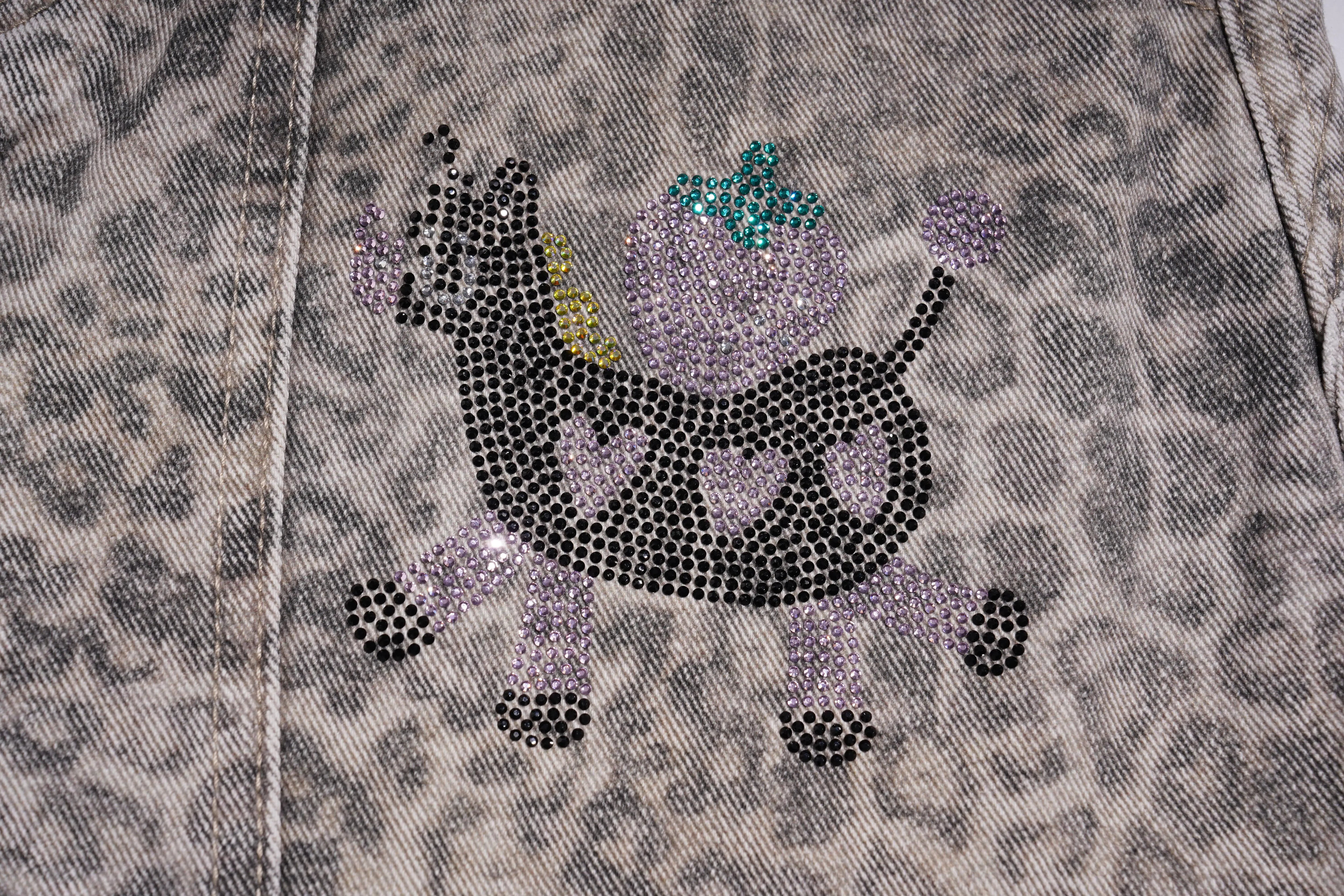Denim jacket with a rhinestone cat design on a leopard print background, TCH Cute Pony Rhinestone Grey Leopard Wide-Leg Jeans