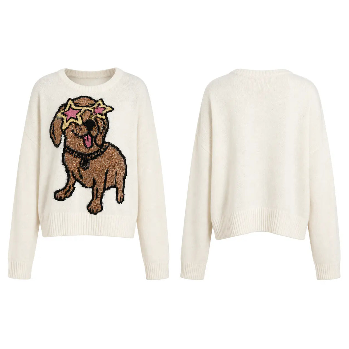 An off-white cropped knit sweater shown from both front and back. The front features a large embroidered brown dog wearing pink star-shaped sunglasses. TCH Cute Puppy Star Graphic Knit Sweater