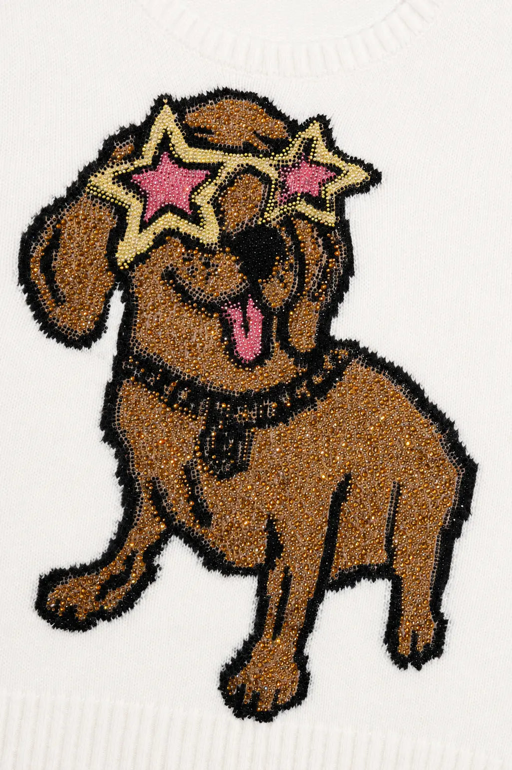 A brown dog patch with pink star-shaped sunglasses and a black collar, displayed on a white knit fabric. TCH Cute Puppy Star Graphic Knit Sweater